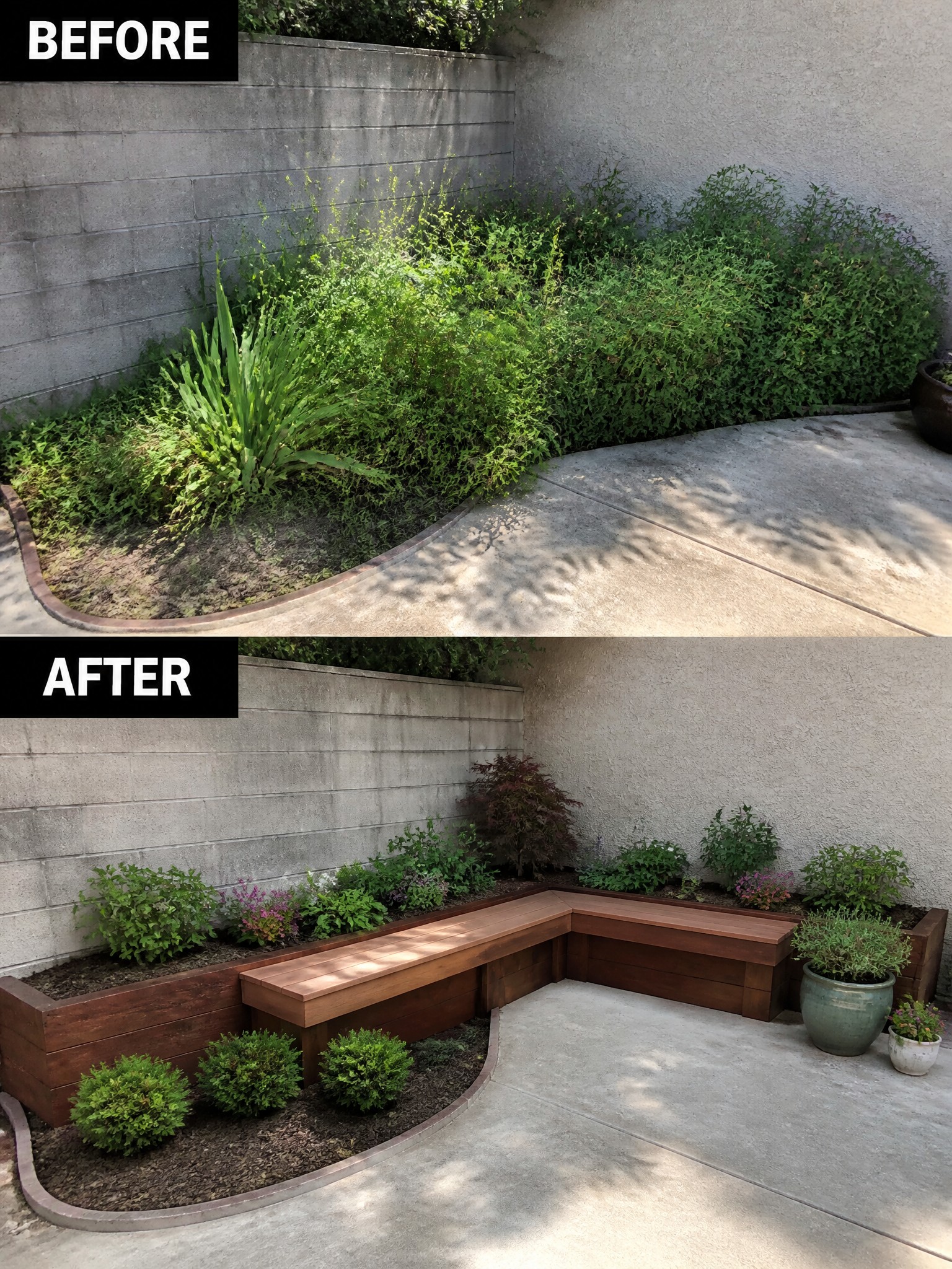 Before overgrown garden bed and after with wooden L-shaped bench and planters.