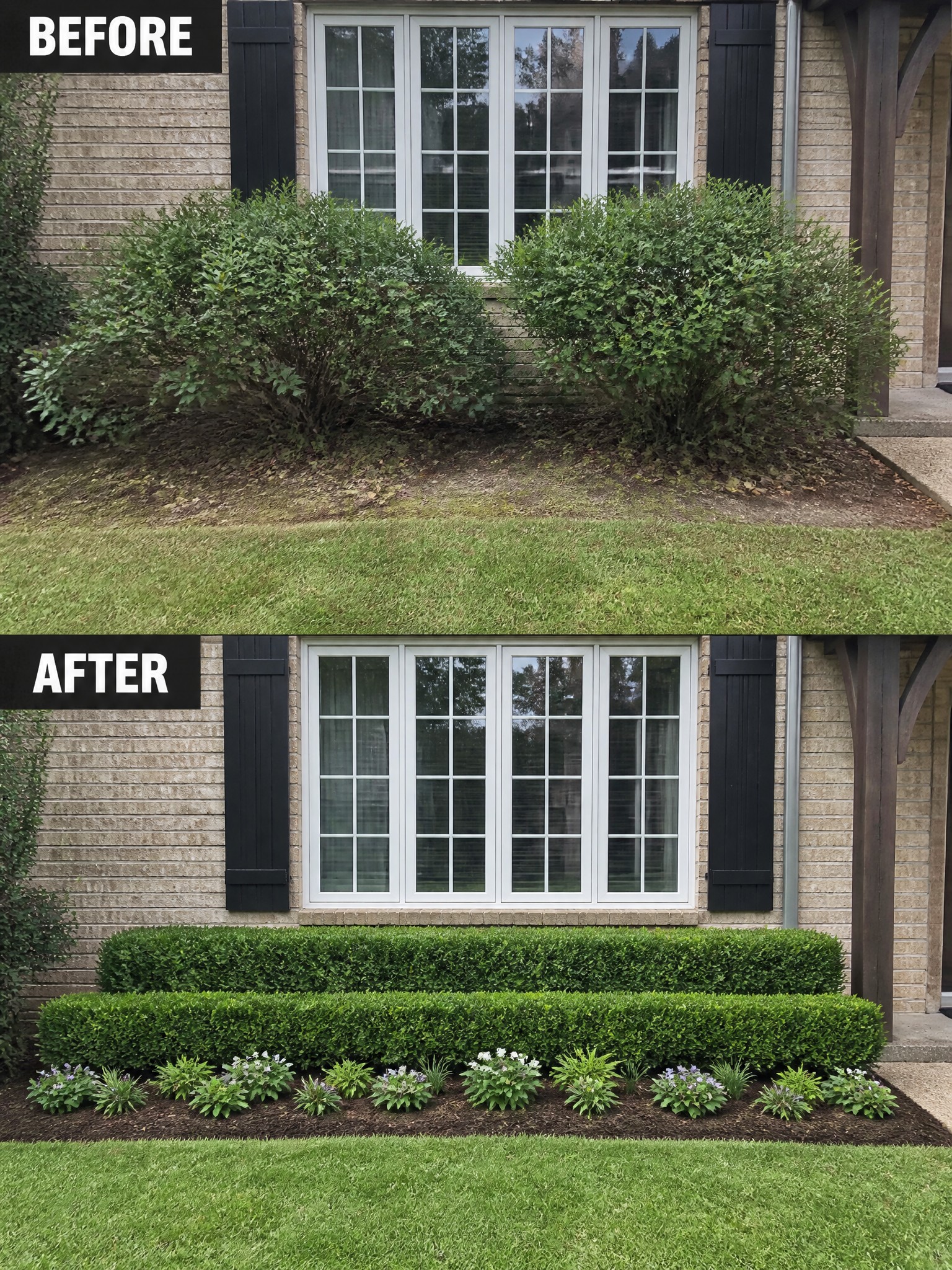 Before-and-after view of house window with overgrown bushes replaced by trimmed hedges and flowers.