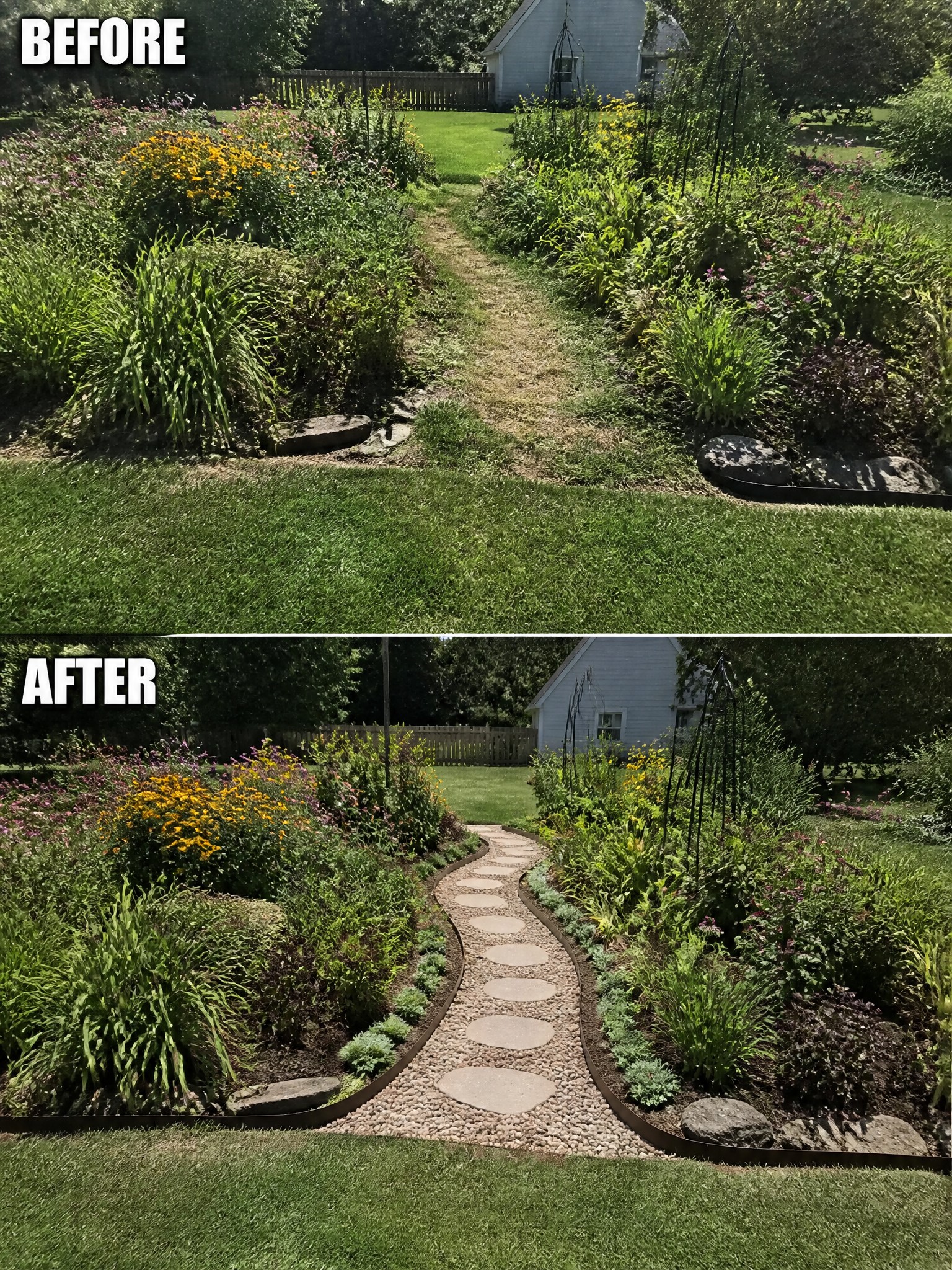 Before and after of overgrown garden path transformed into neat stone walkway with edging.