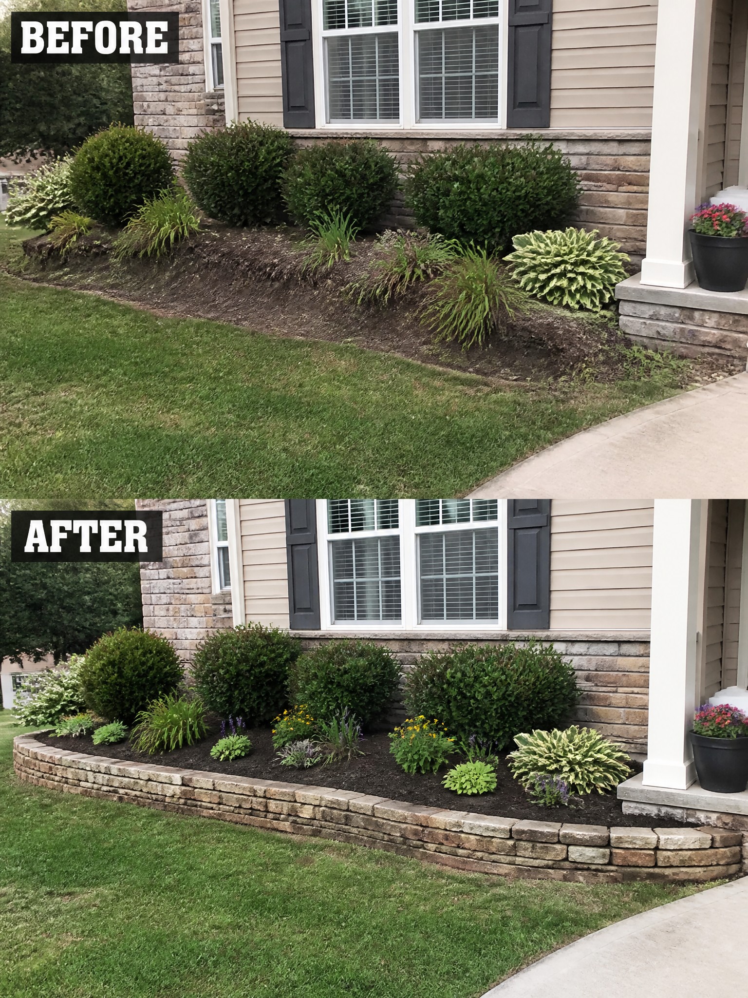 Before and after of house garden bed with new stone retaining wall and plants.