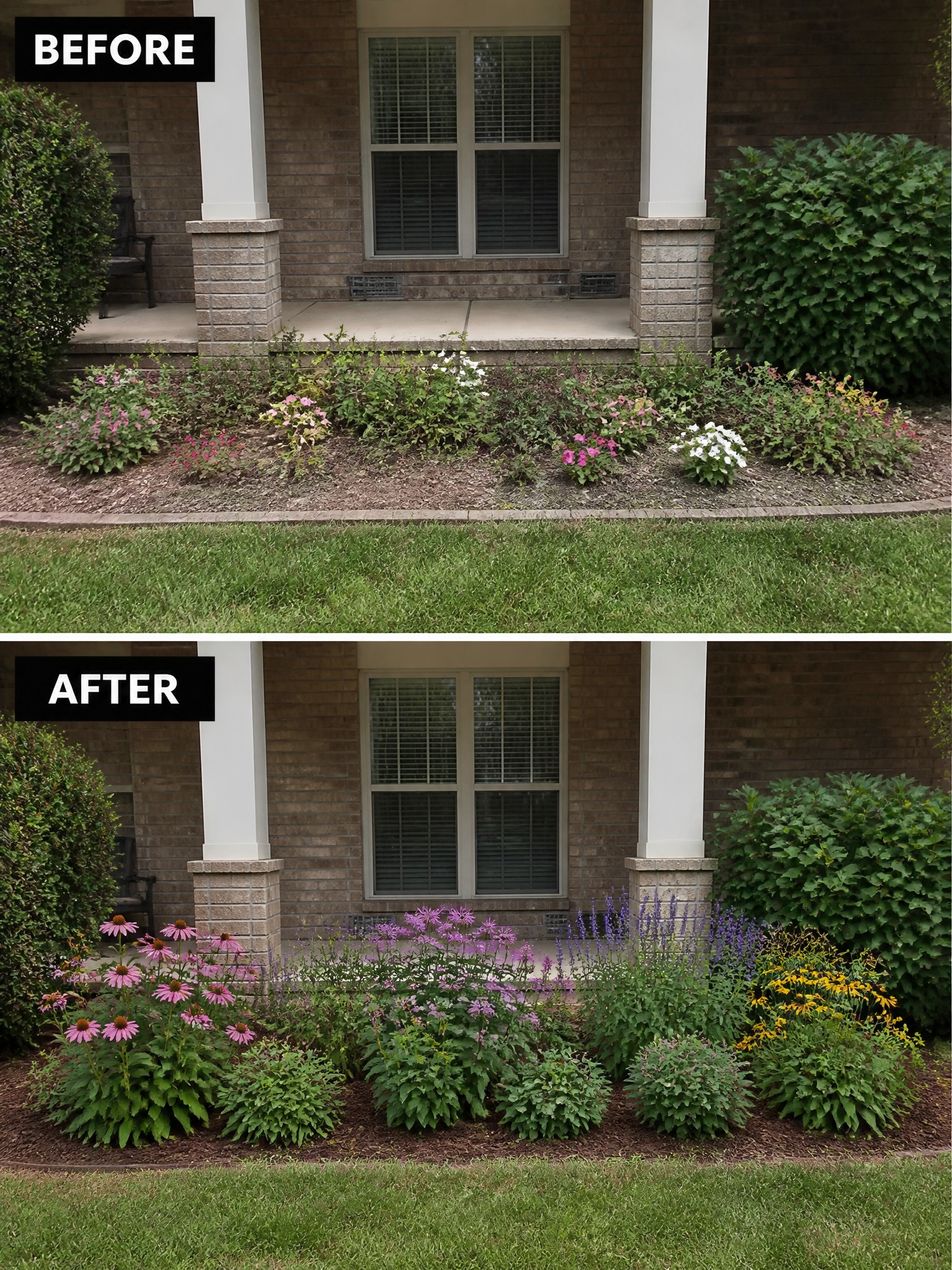 Before-and-after image of a front flower bed changed from scattered plants and bare soil to grouped flowers with mulch and clear structure.
