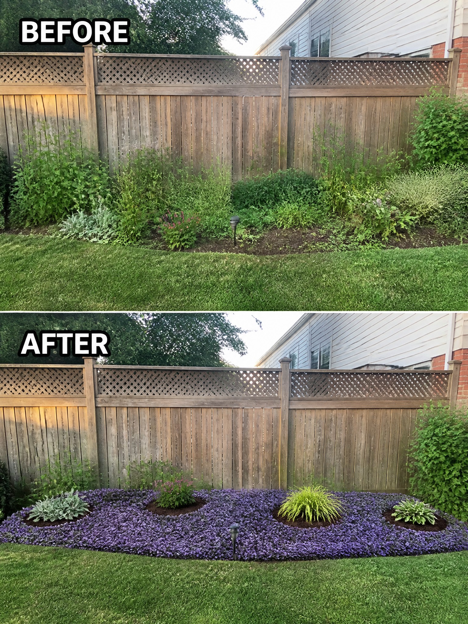 Before-and-after image of an overgrown garden border changed into a mulched flower bed edged with purple ground cover and small clusters of plants.