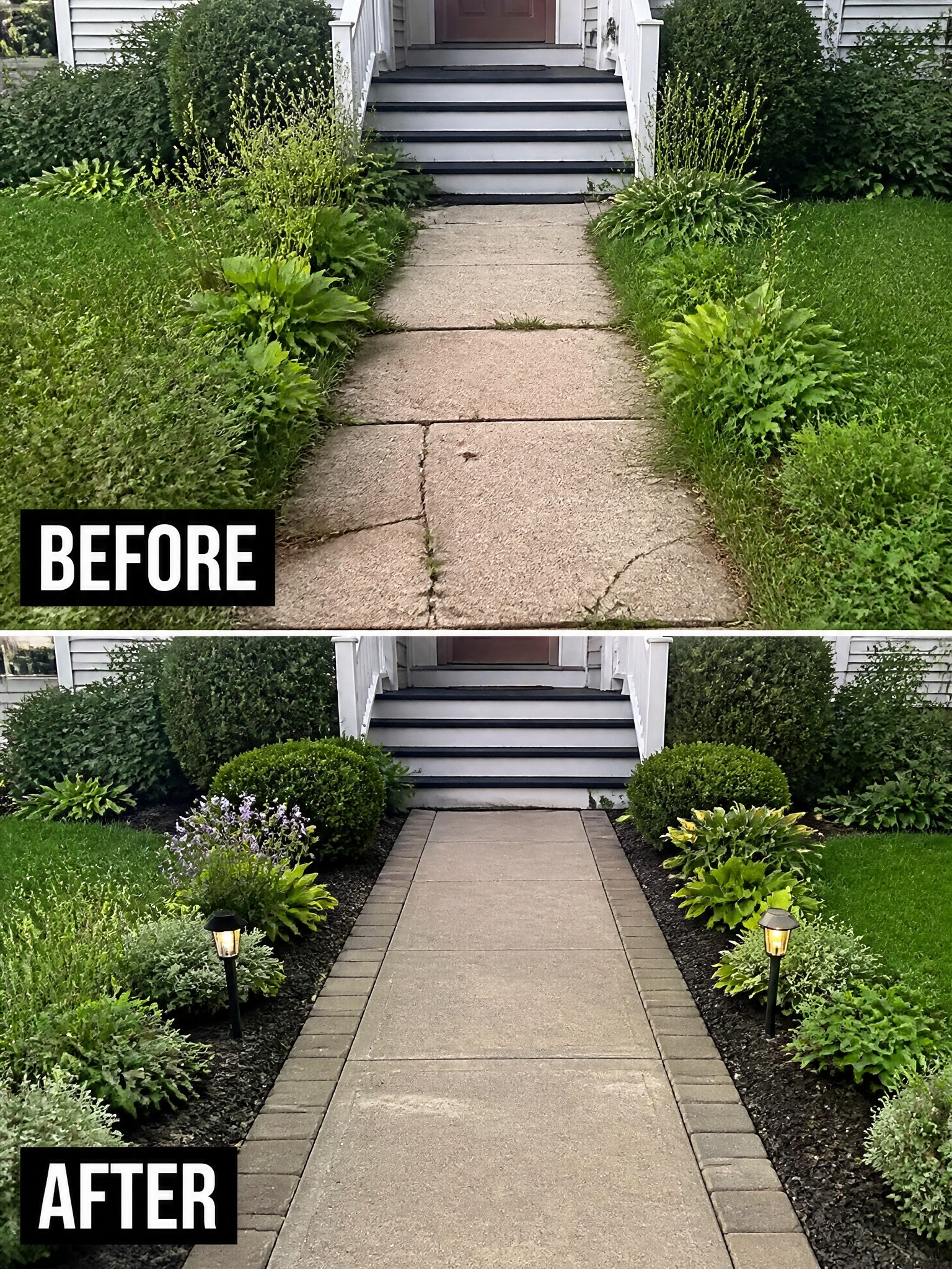 Before-and-after walkway: overgrown plants replaced by neat landscaping, brick borders and lights