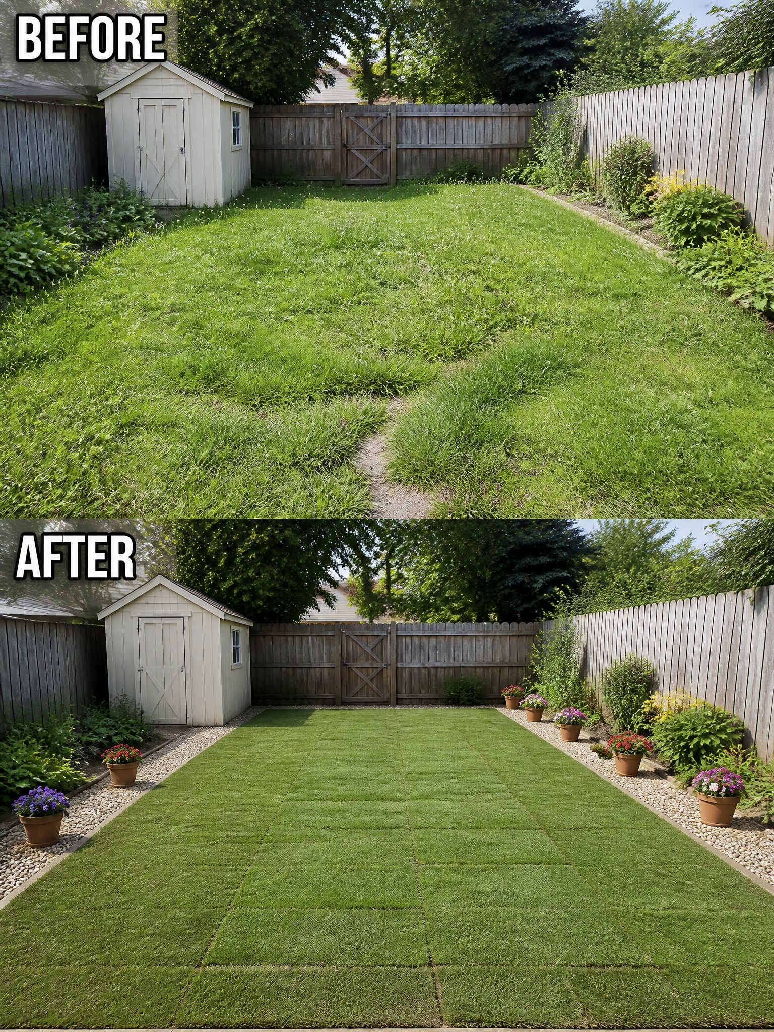 Before and after backyard: overgrown lawn transformed into neat turf with potted flowers.
