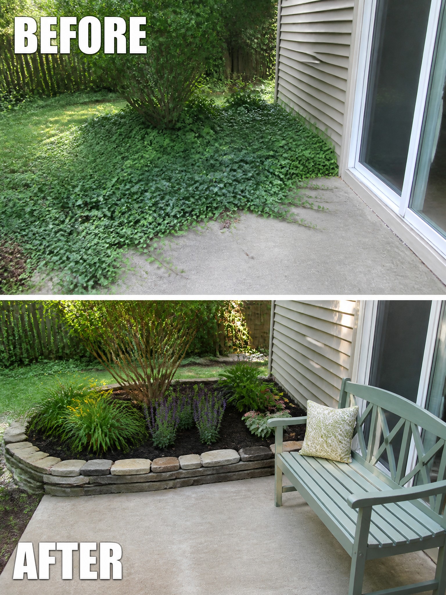 Before-and-after image of an overgrown yard corner next to a house changed into a defined garden bed with stone edging, new plants, and a bench.