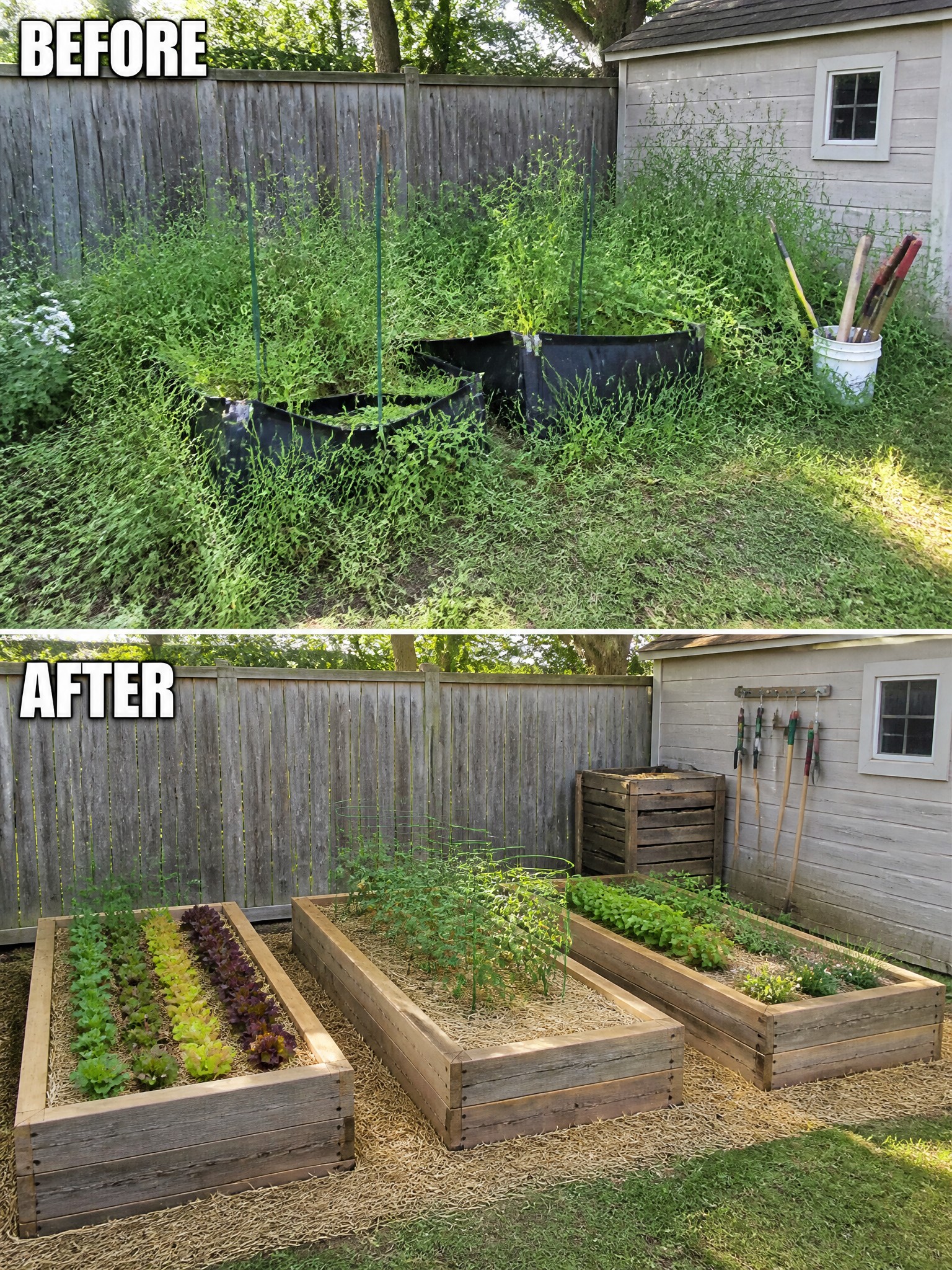 Before and after of backyard garden transformed from weeds to raised beds