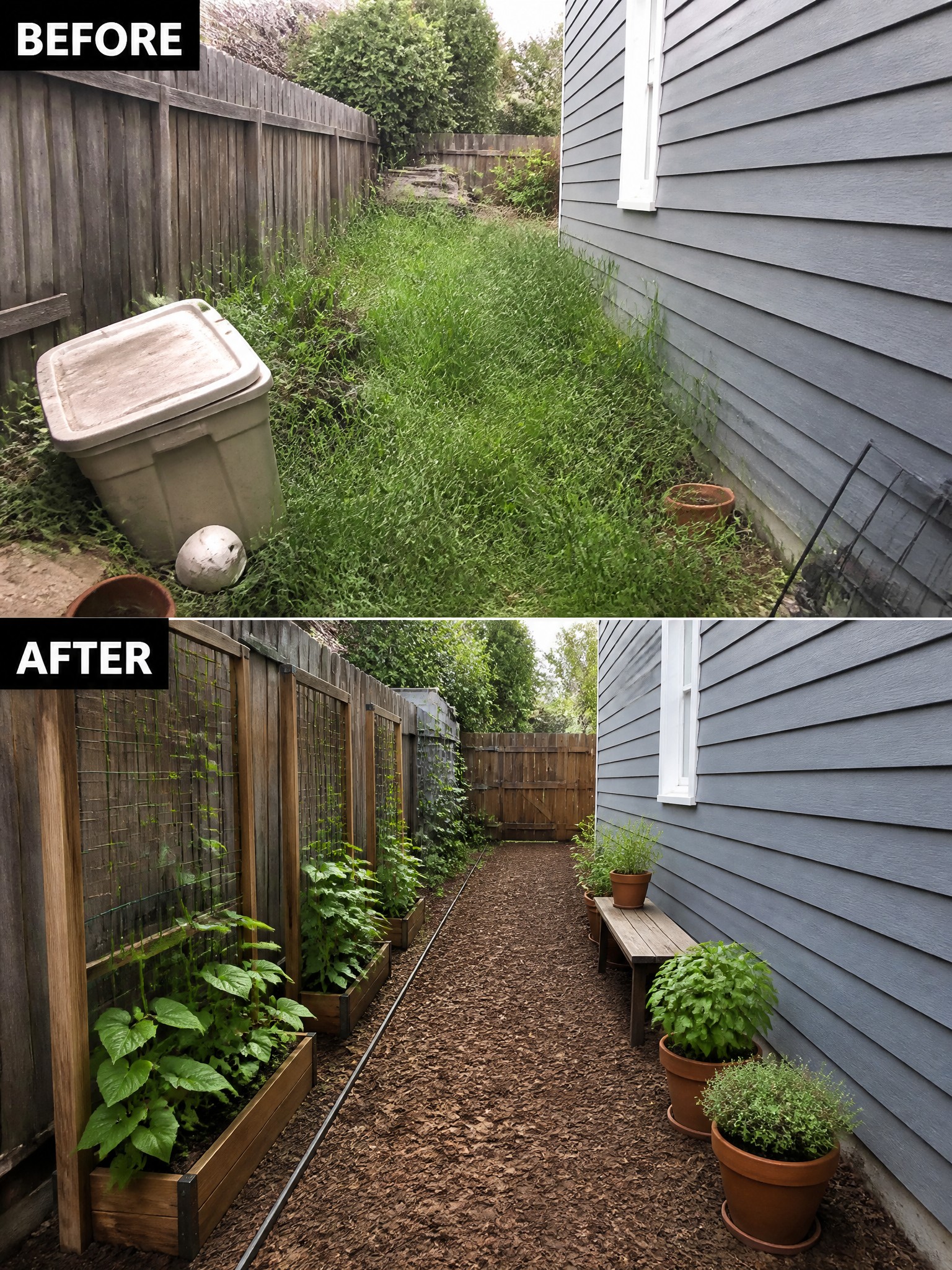 Before-and-after image of an overgrown side yard changed into a tidy garden with raised beds, trellises, mulch, and potted plants along the house.