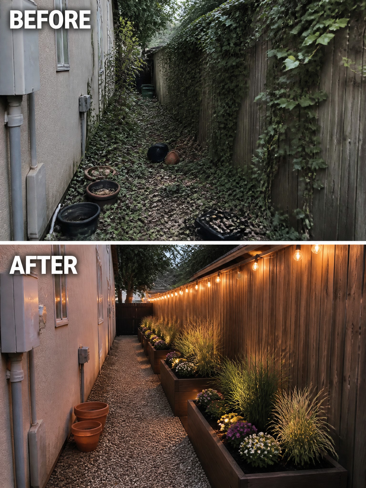 Before and after of overgrown alley transformed into lit garden with planters.