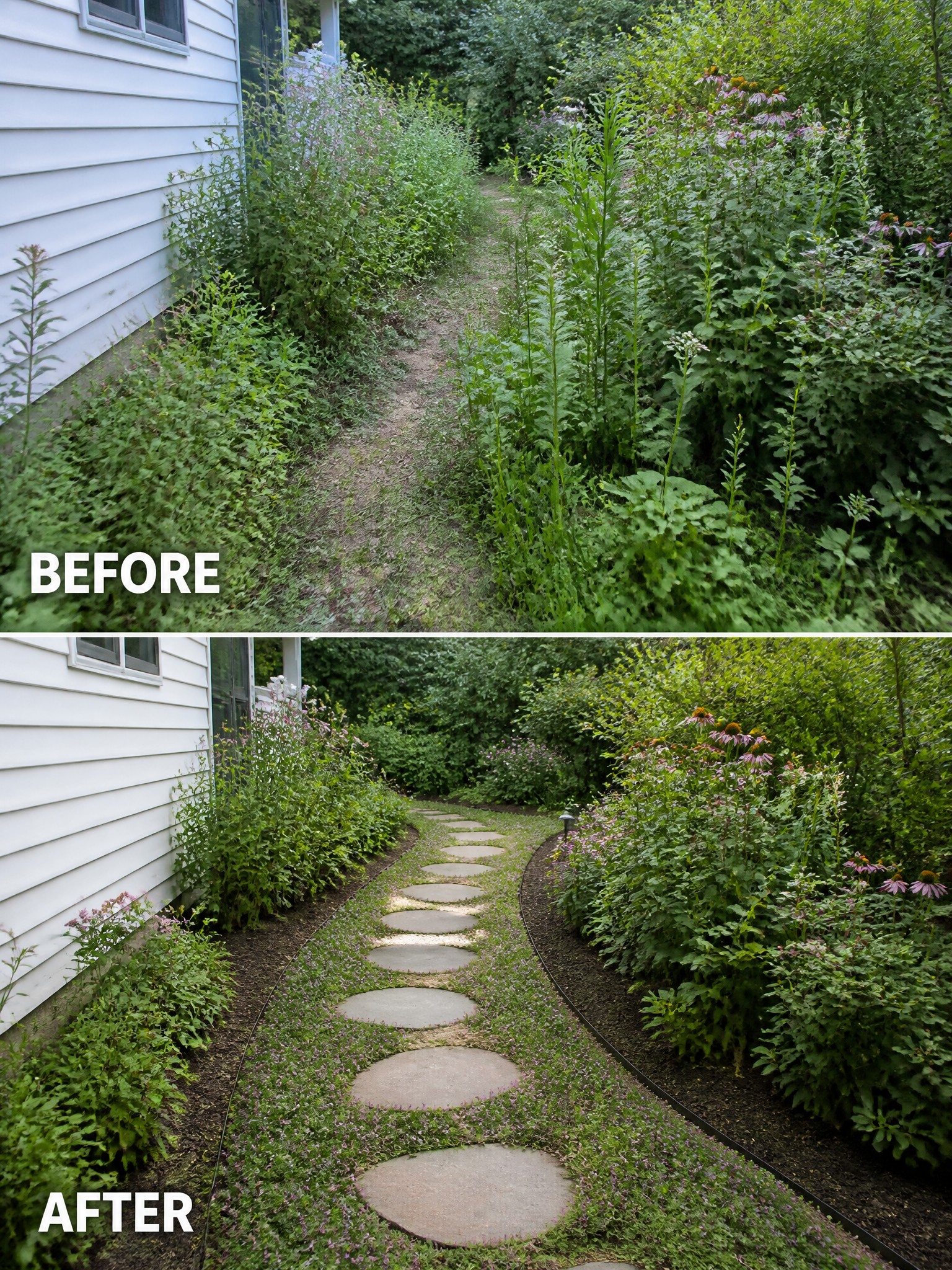 Before-and-after image of an overgrown side yard path changed into a defined walkway with stepping stones, edging, and organized garden beds.