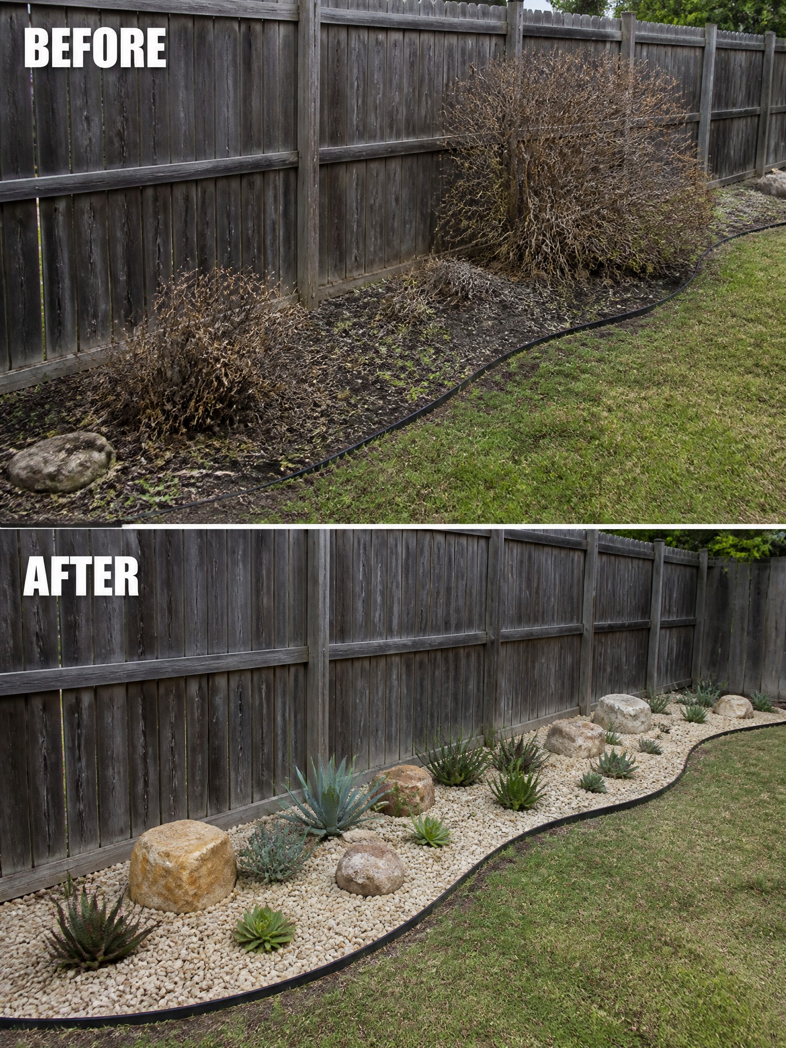Before-and-after garden bed: dead shrubs replaced by succulents, rocks, and white gravel along fence.
