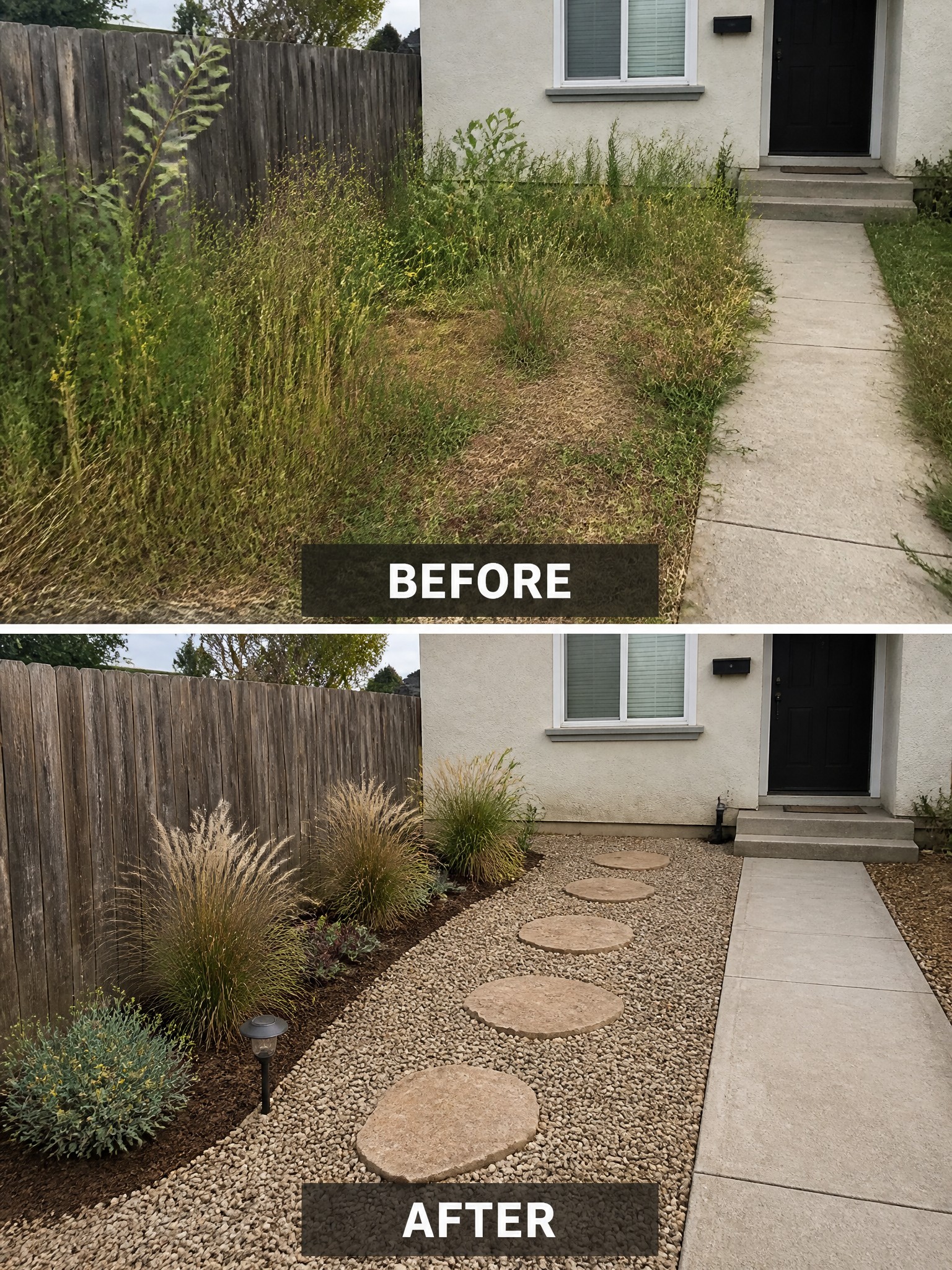 Before and after of overgrown side yard transformed with gravel, stepping stones, and plants.