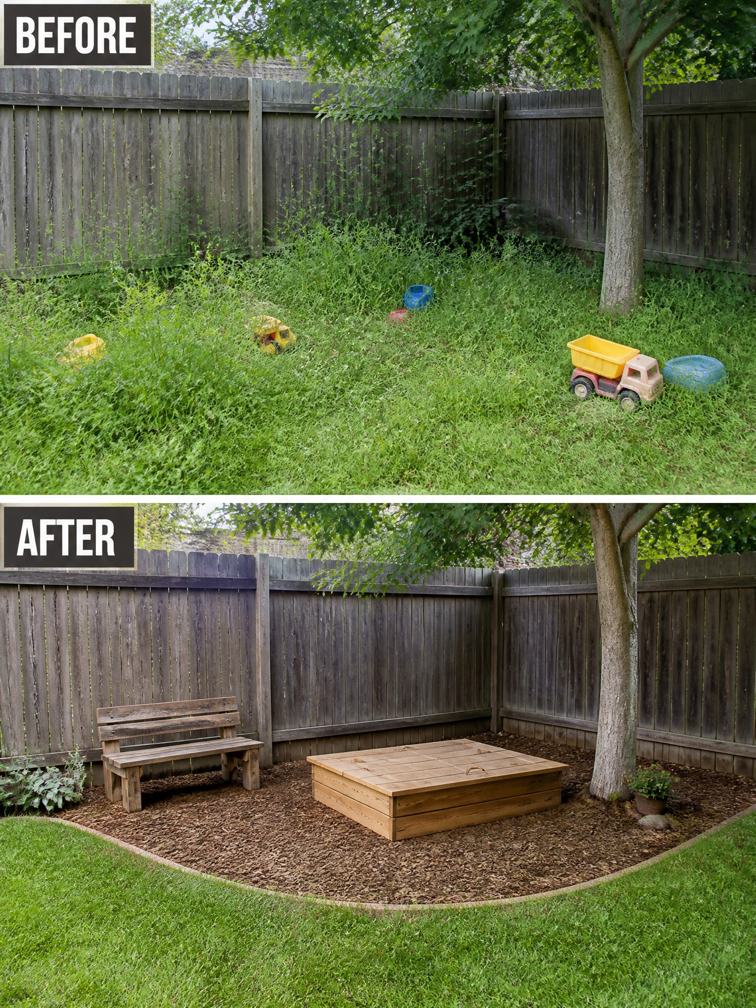 Before-and-after image of an overgrown backyard transformed into a mulched play area with a wooden bench and sandbox.