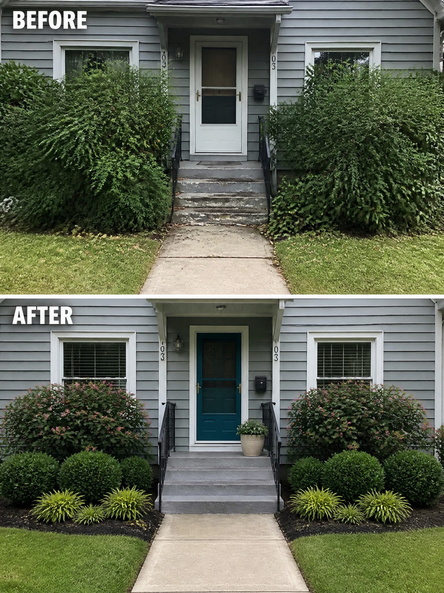 Before and after house entrance with updated teal door and manicured landscaping.