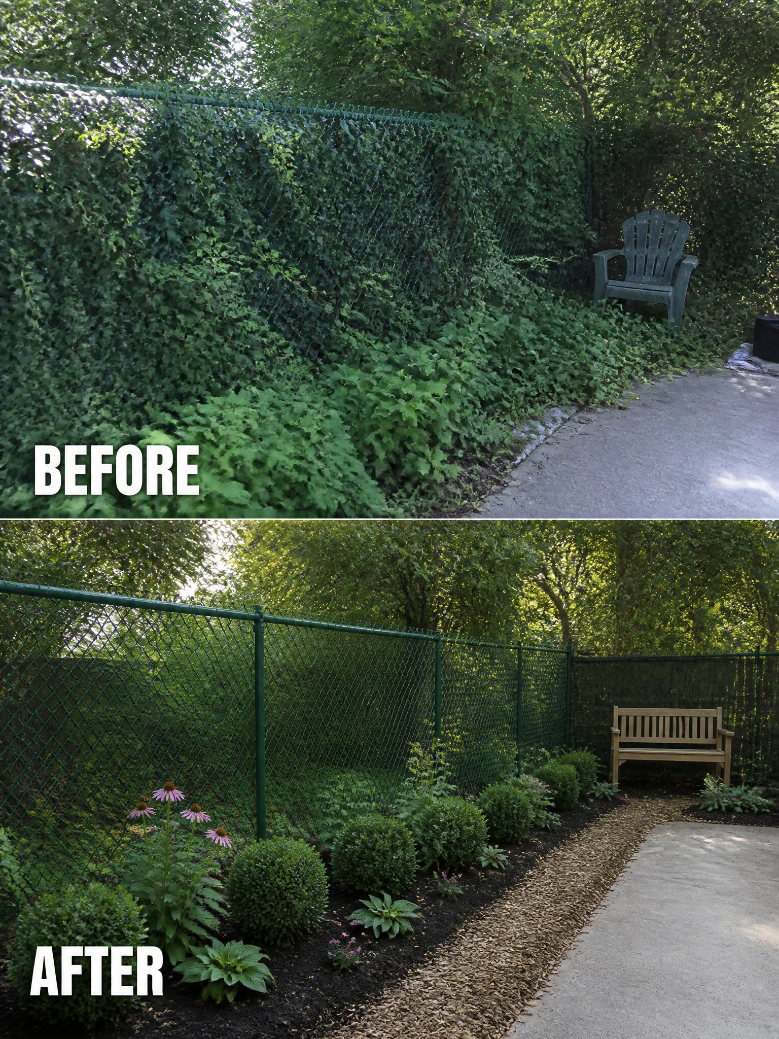 Before-and-after of overgrown fence cleared and landscaped with mulch, shrubs, flowers and bench.