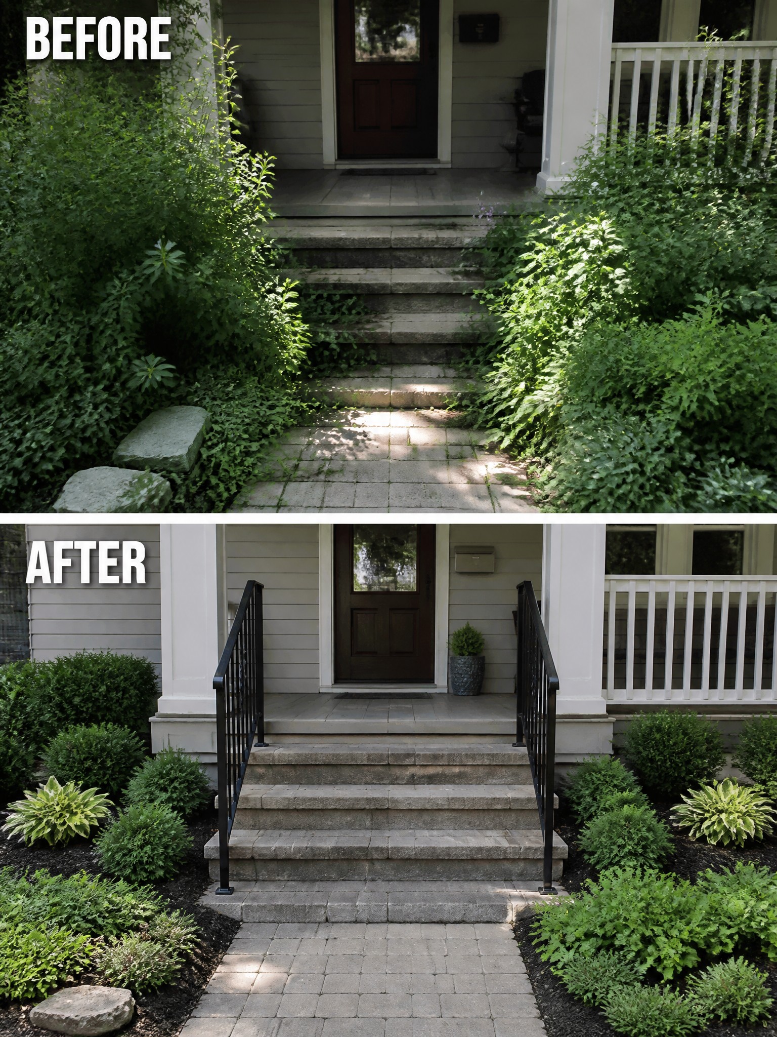 Before-and-after image of an overgrown front entry cleaned up with trimmed shrubs, new garden beds, mulch, and added black railings.