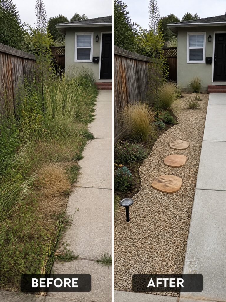 Before and after of overgrown side yard transformed with gravel, stepping stones, and plants.