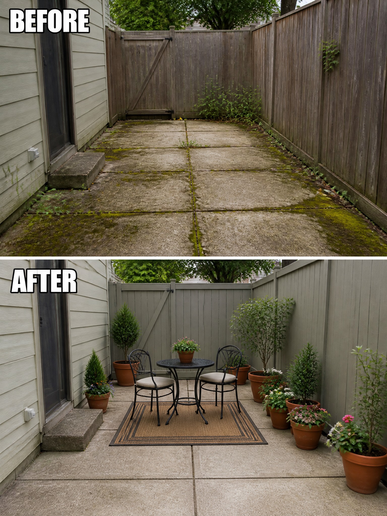 Before and after of moss-covered patio transformed with potted plants, furniture, and rug.