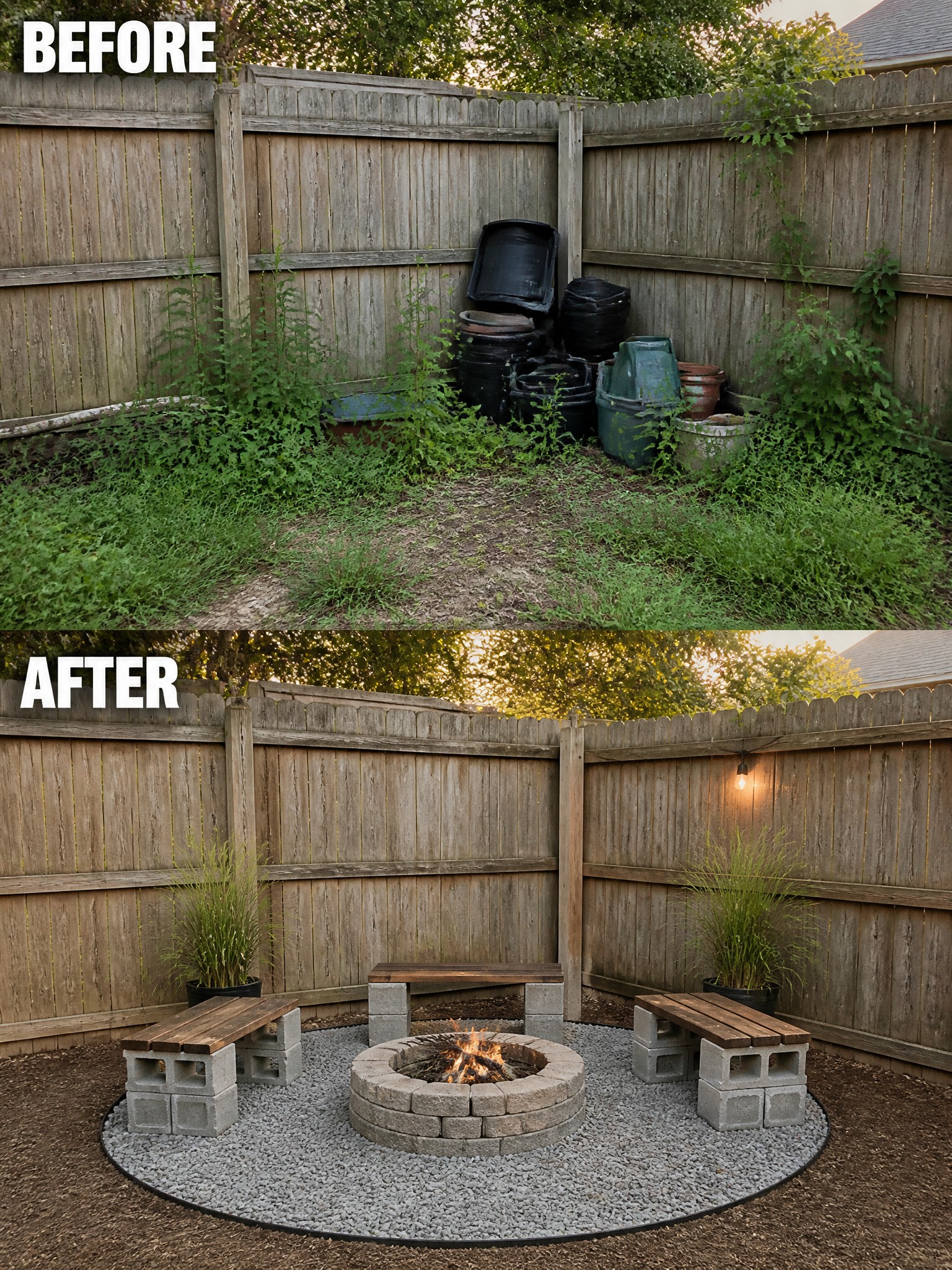 Before-and-after backyard transformation with stone fire pit and benches
