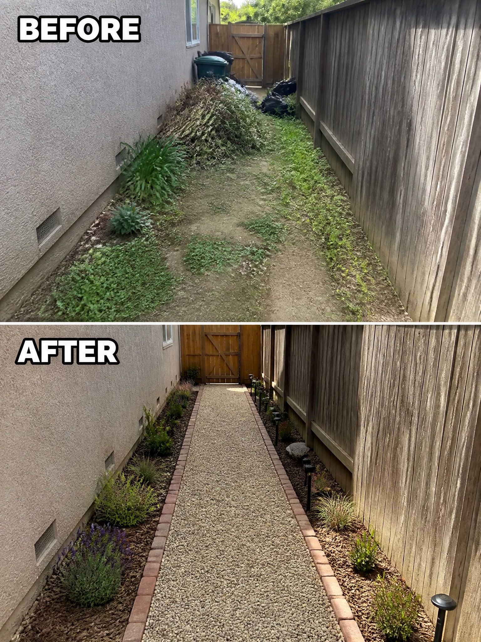 Before-and-after view of overgrown side yard cleaned into gravel path with plants.