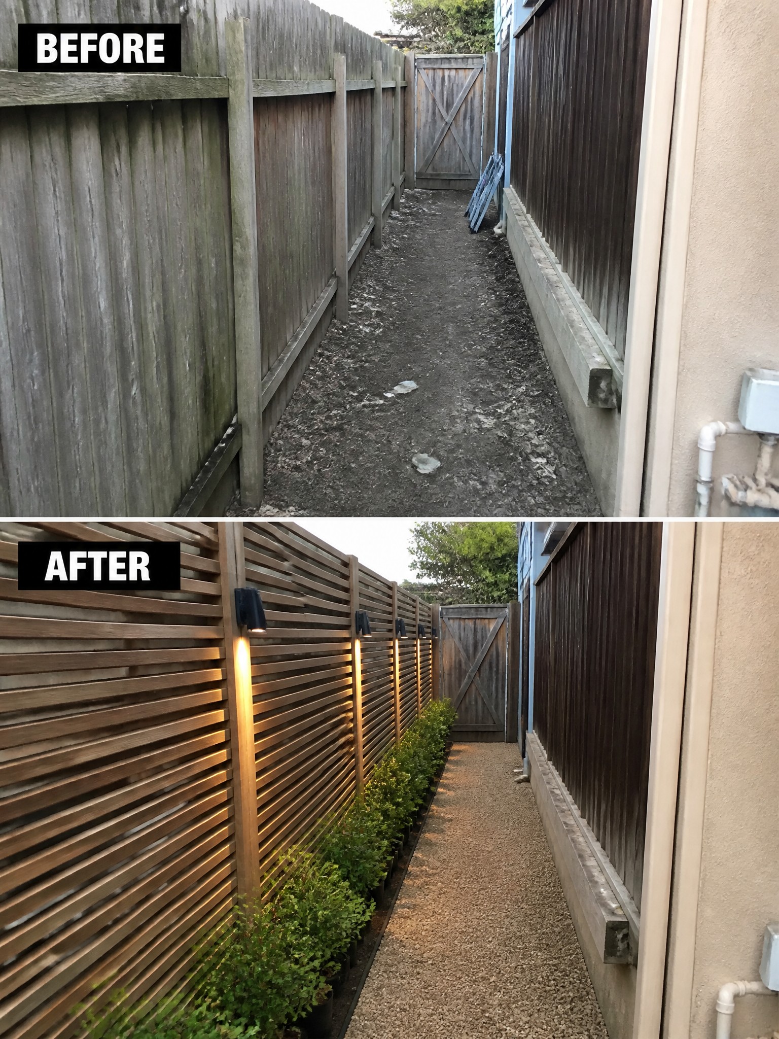 Before and after of narrow side yard with modern fence, lights, and gravel path.