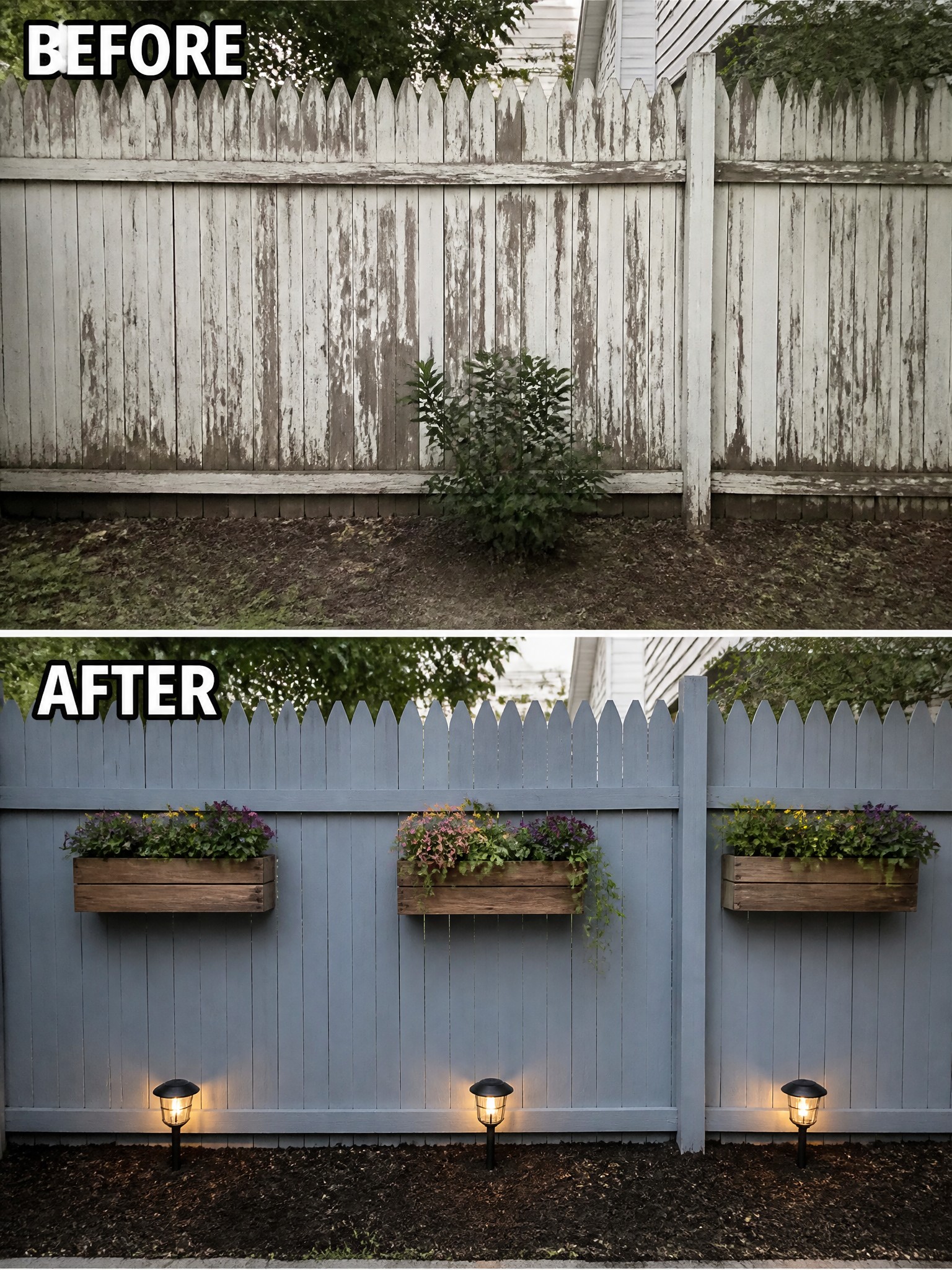 Weathered white fence before, now blue with wooden planters, flowers and lights.