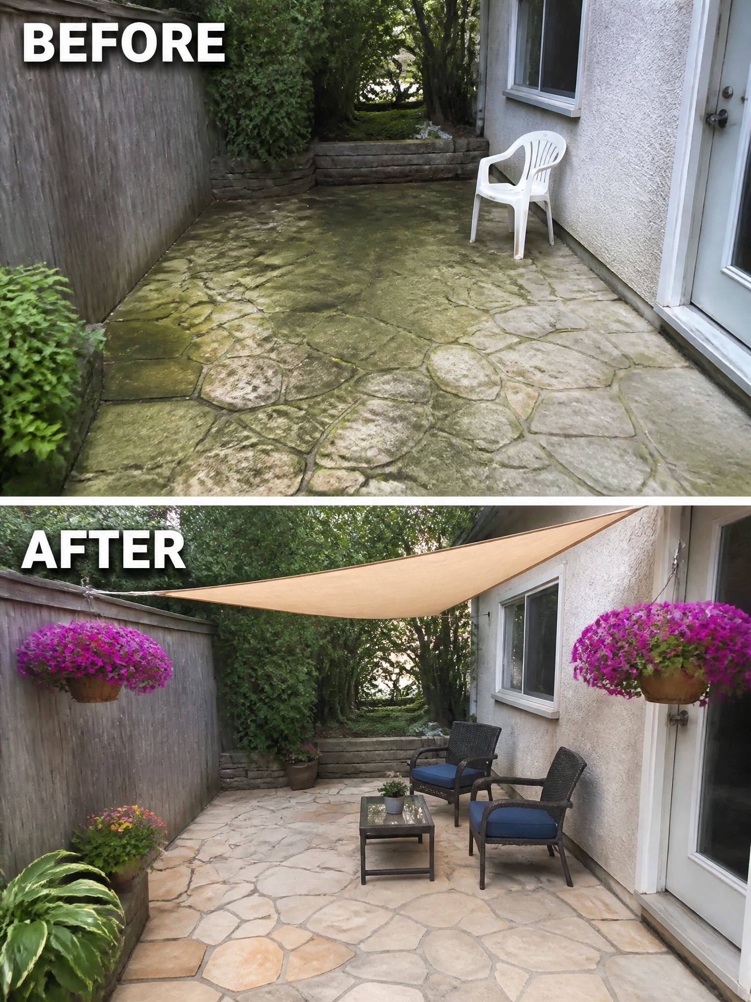 Before-and-after image of a mossy stone patio transformed into a shaded seating area with outdoor chairs, a table, and hanging flower baskets.