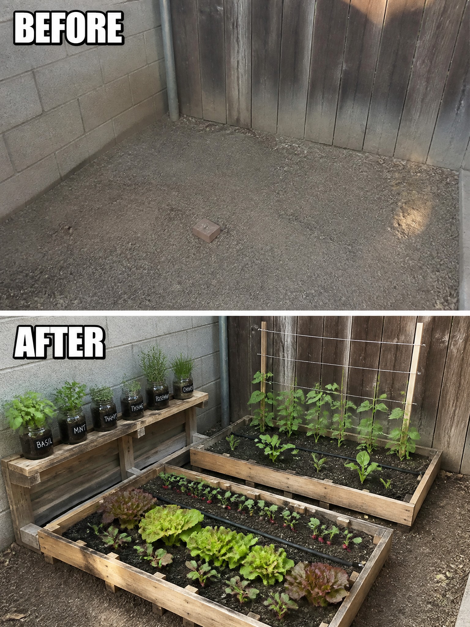 Before-and-after view of gravel courtyard transformed into raised-bed vegetable garden with herbs.