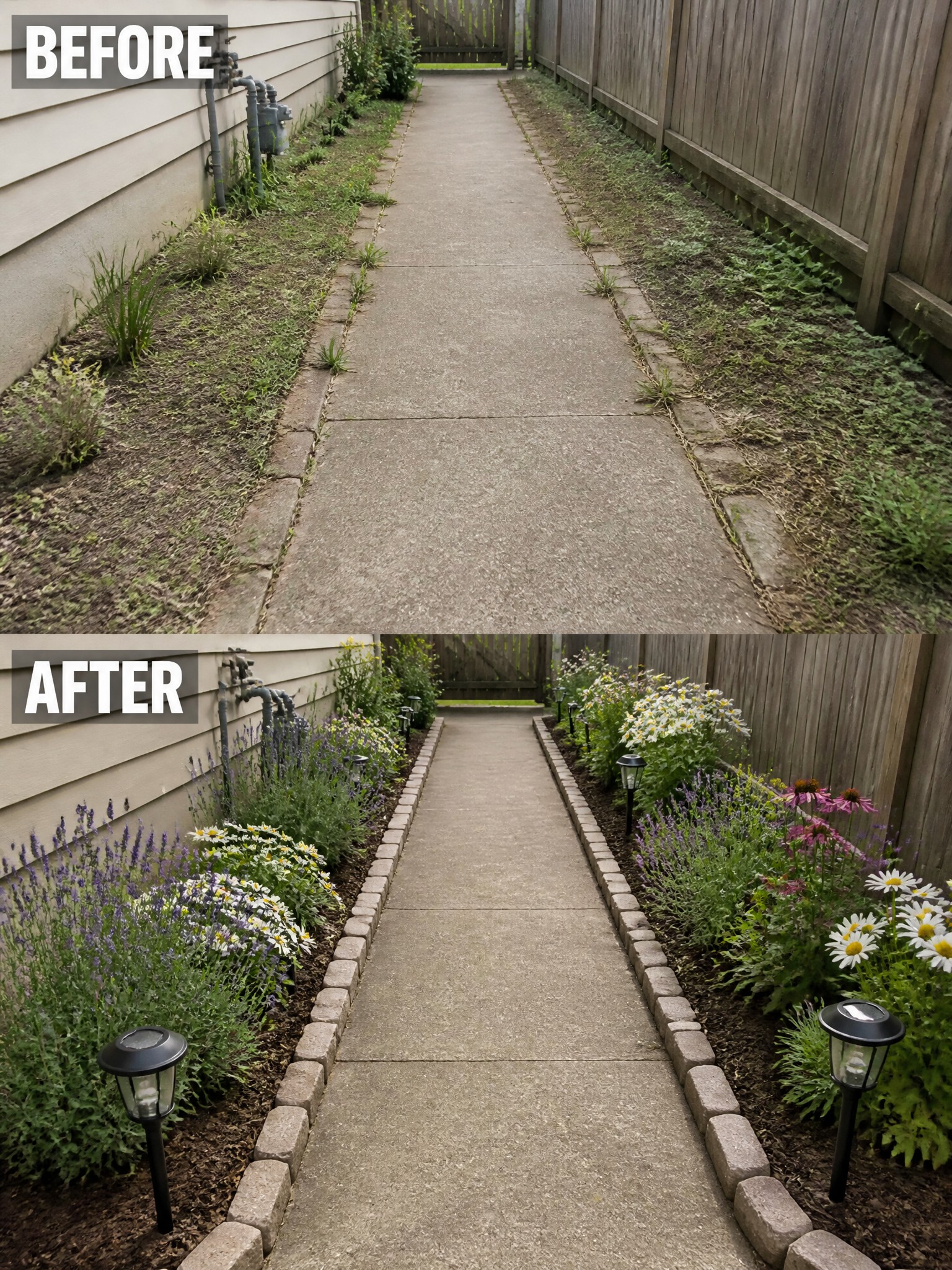 Before-and-after image of an overgrown side path transformed with brick-edged garden beds, flowers, and solar lights.