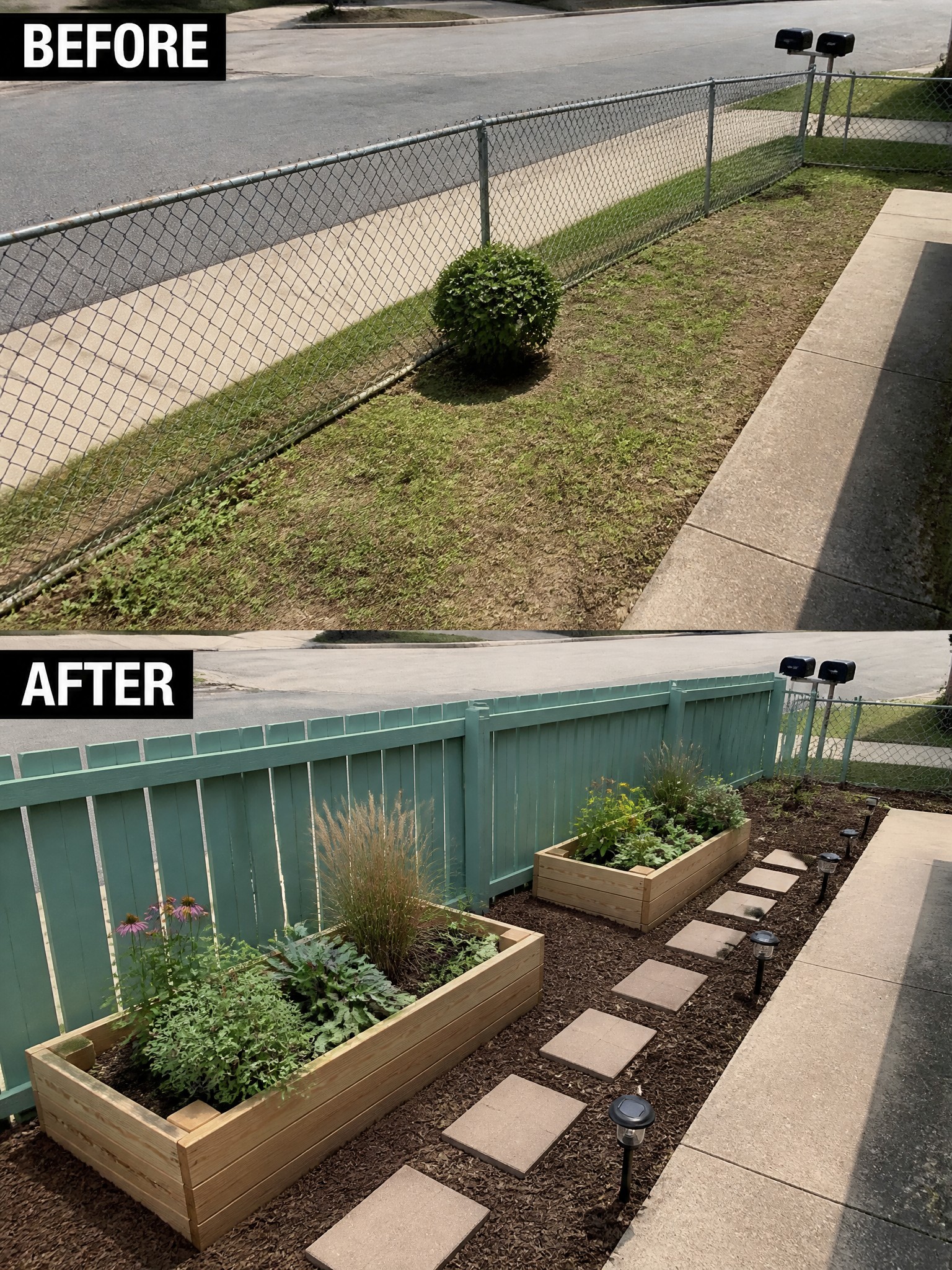 Before-and-after image of a bare side yard with chain link fence changed into raised garden beds, a solid teal fence, stepping stone path, and mulch.