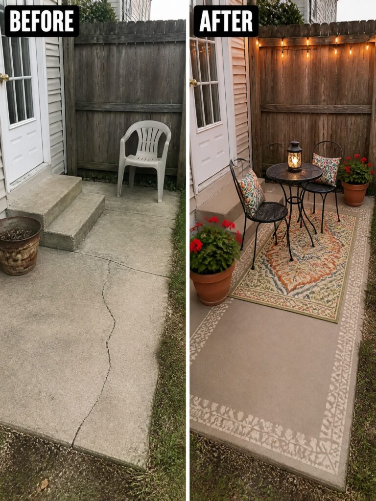 21 Budget Garden Transformation Ideas for Small Outdoor Spaces Before-and-after image of a bare concrete patio changed into a furnished outdoor seating area with a colorful rug, table and chairs, string lights, and potted plants.