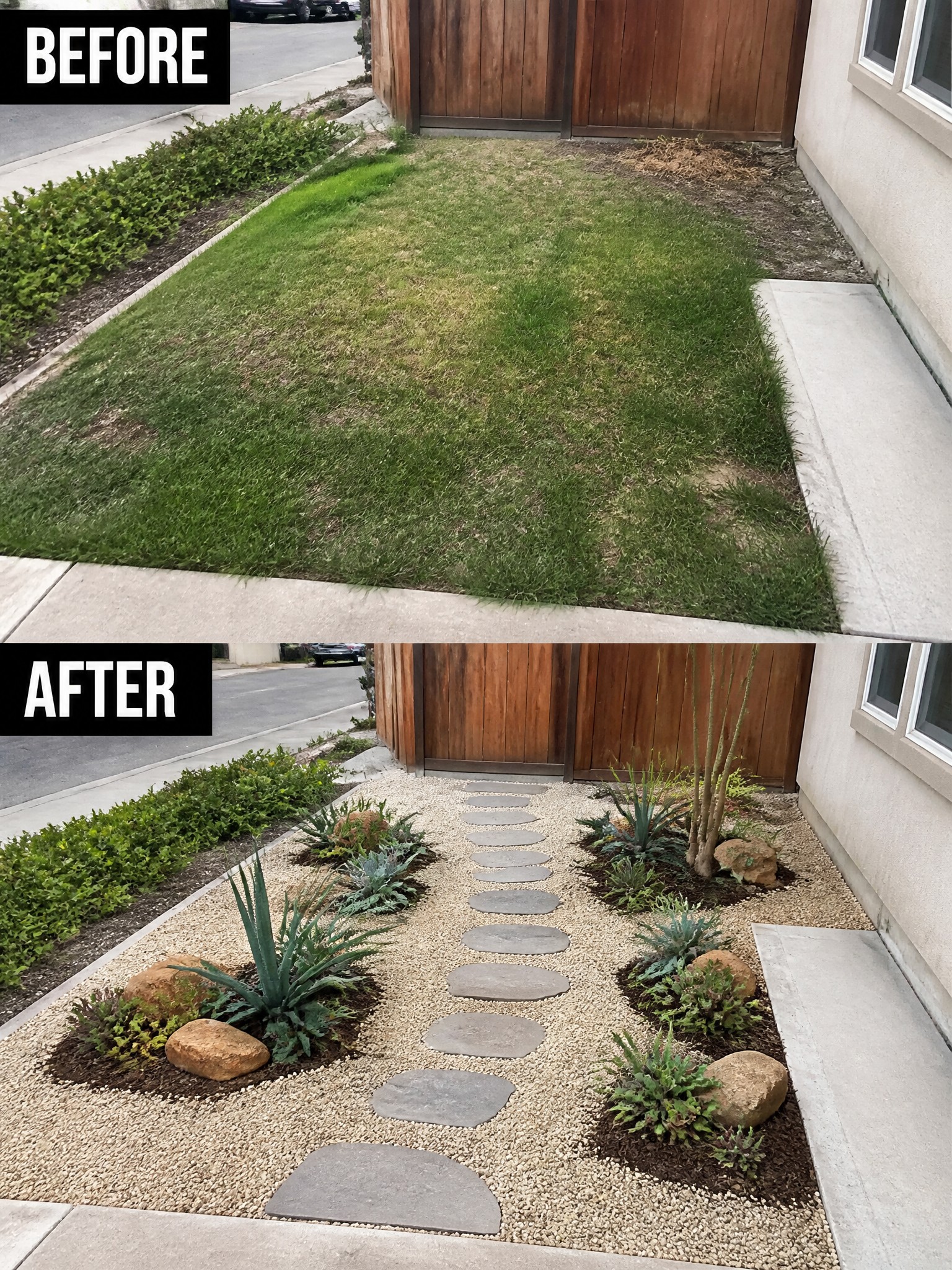 Before-and-after yard: patchy grass replaced by gravel path, stepping stones, and succulents.