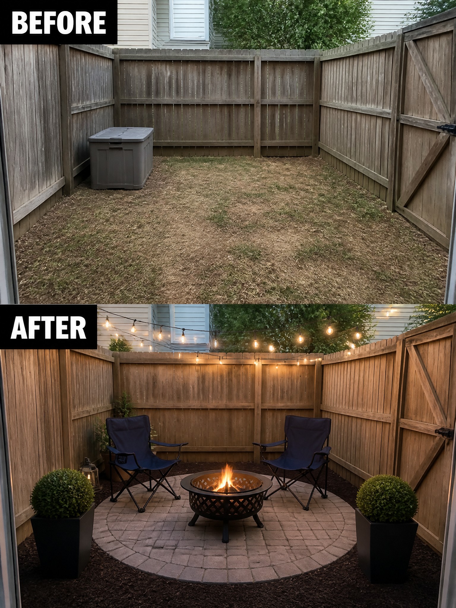 Backyard before and after: dry grass transformed into patio with fire pit and chairs.