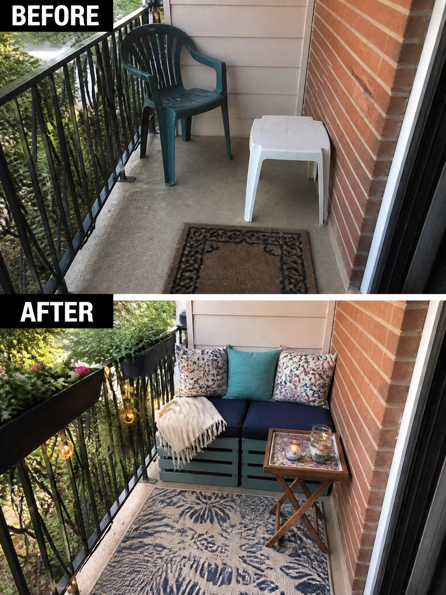 Before-and-after image of a plain balcony with plastic chairs changed into a furnished seating area using pallet crates, cushions, a rug, and string lights.