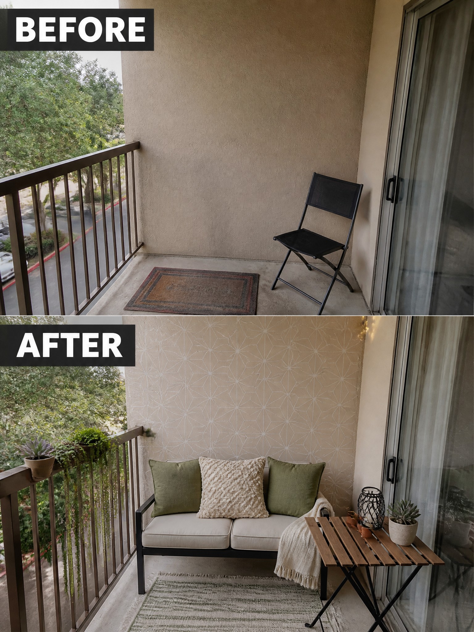 Before and after balcony transformation with sofa, plants, table, and patterned wall.