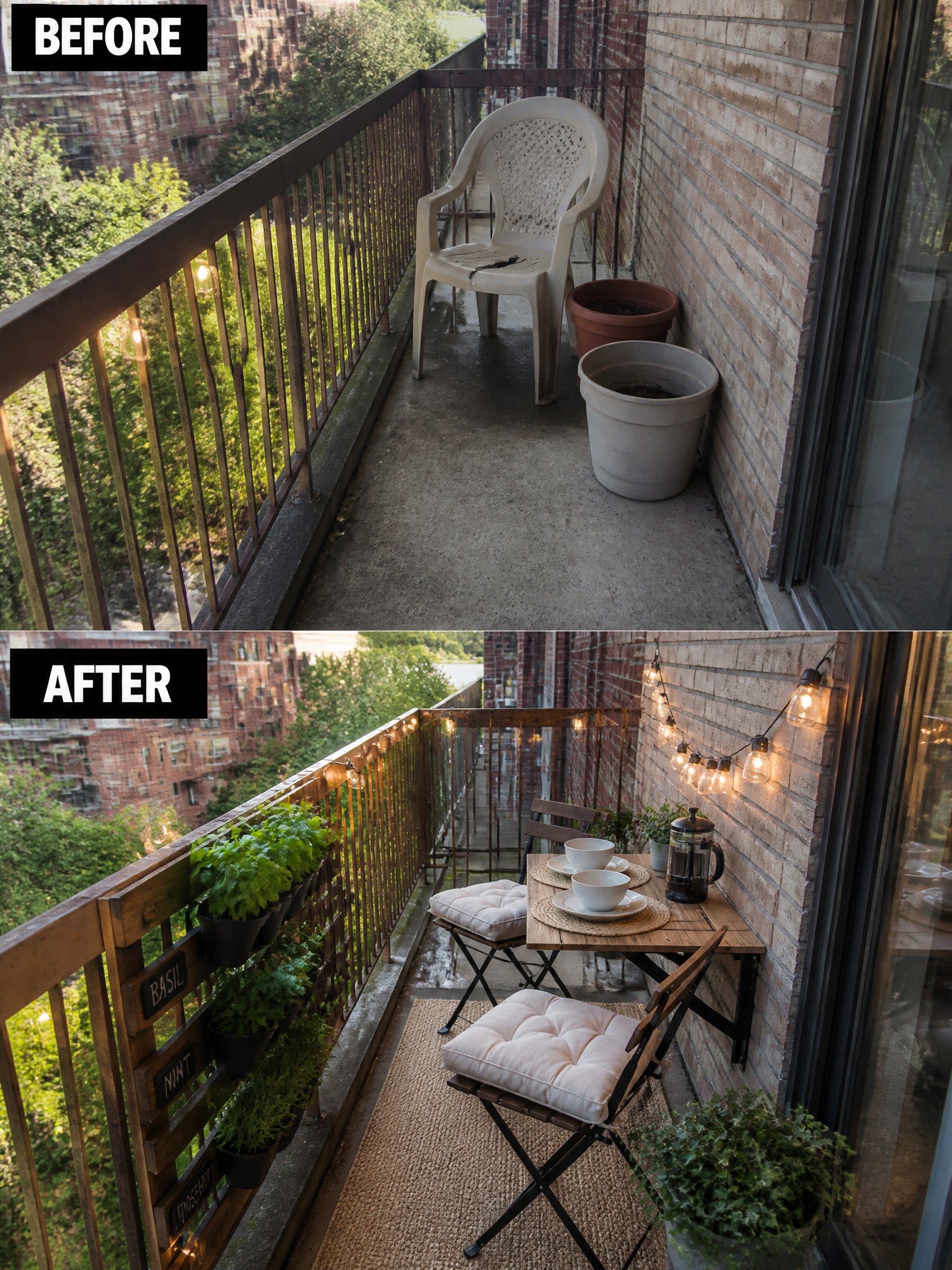 Before and after balcony makeover with plants, string lights, table, and chairs.
