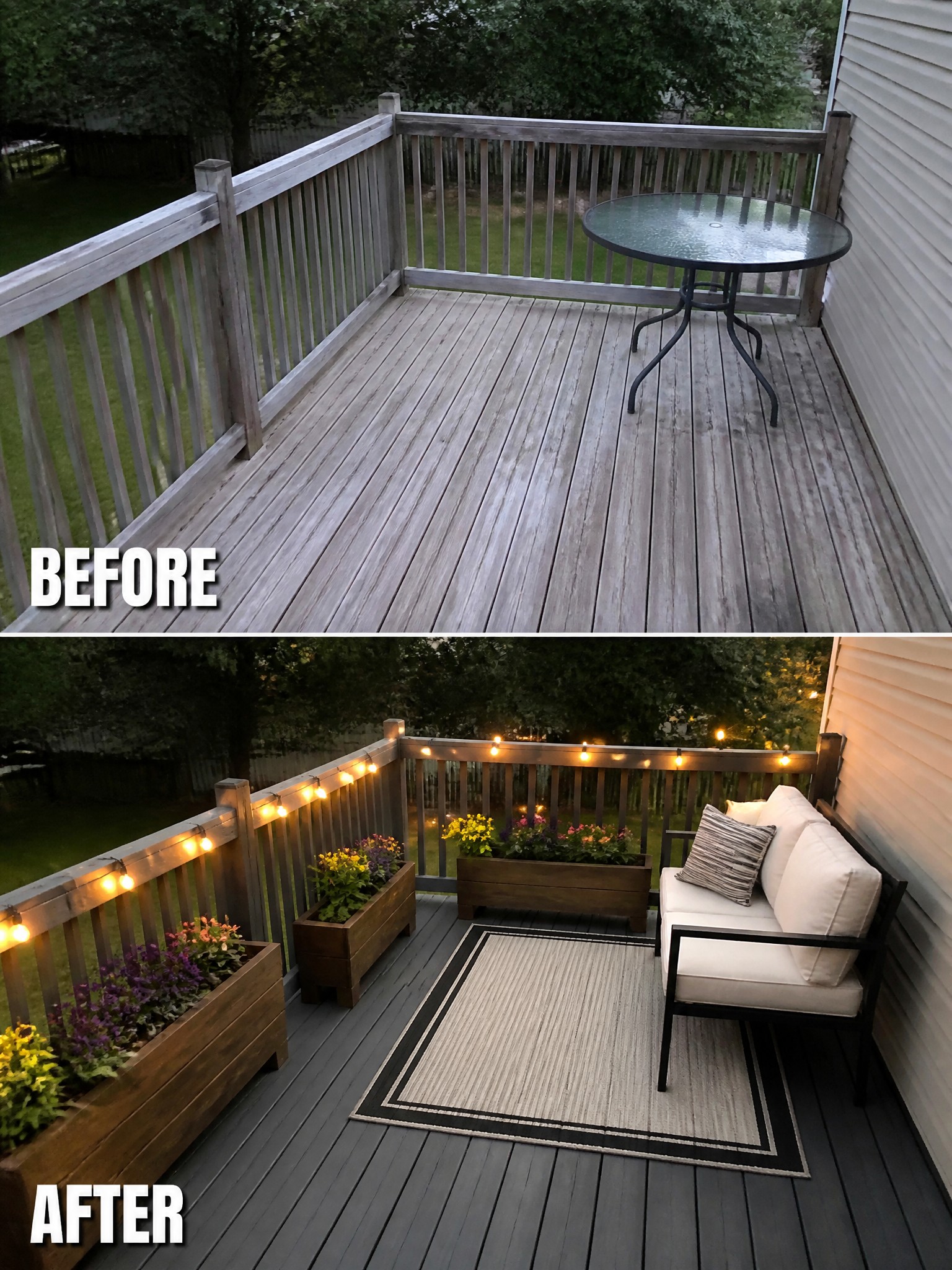Before and after of a deck with string lights, planters, rug, and seating.