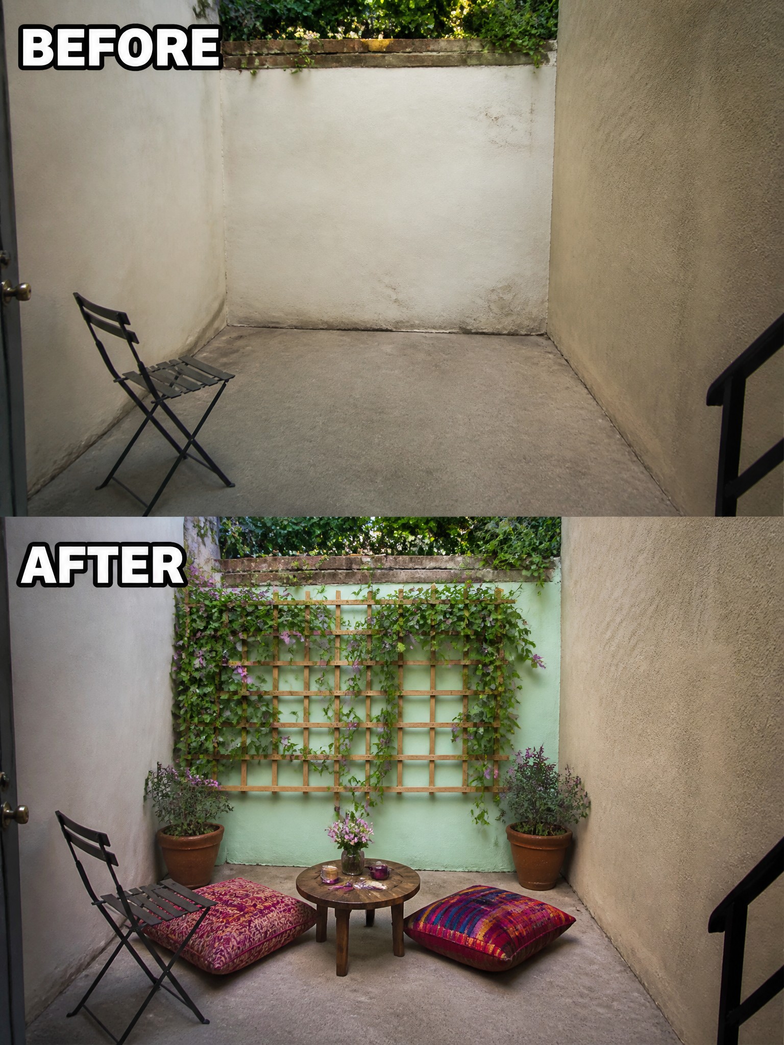 Before and after of courtyard with added vine trellis, pillows, table, and plants.
