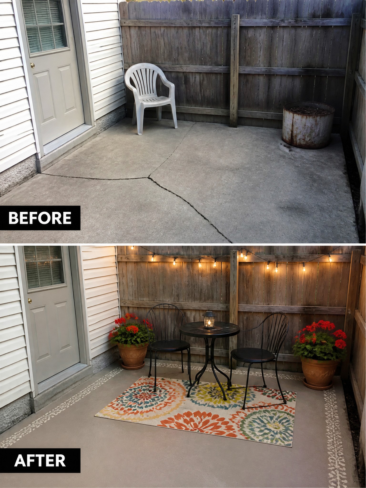 Before-and-after image of a bare concrete patio changed into a furnished outdoor seating area with a colorful rug, table and chairs, string lights, and potted plants.