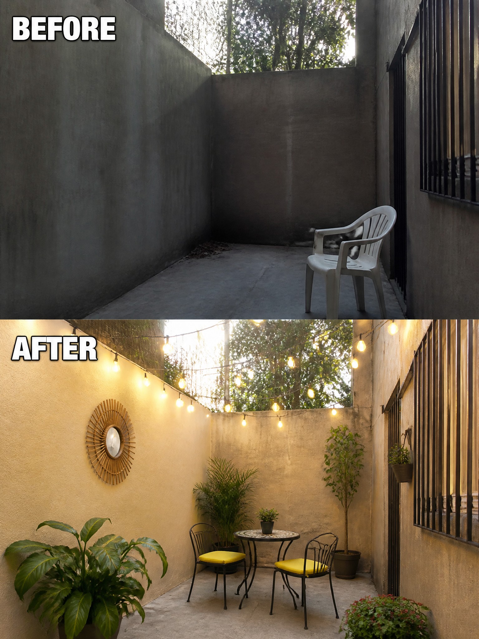 Before-and-after image of a bare concrete courtyard transformed into a furnished outdoor seating area with string lights, plants, and a small table and chairs.
