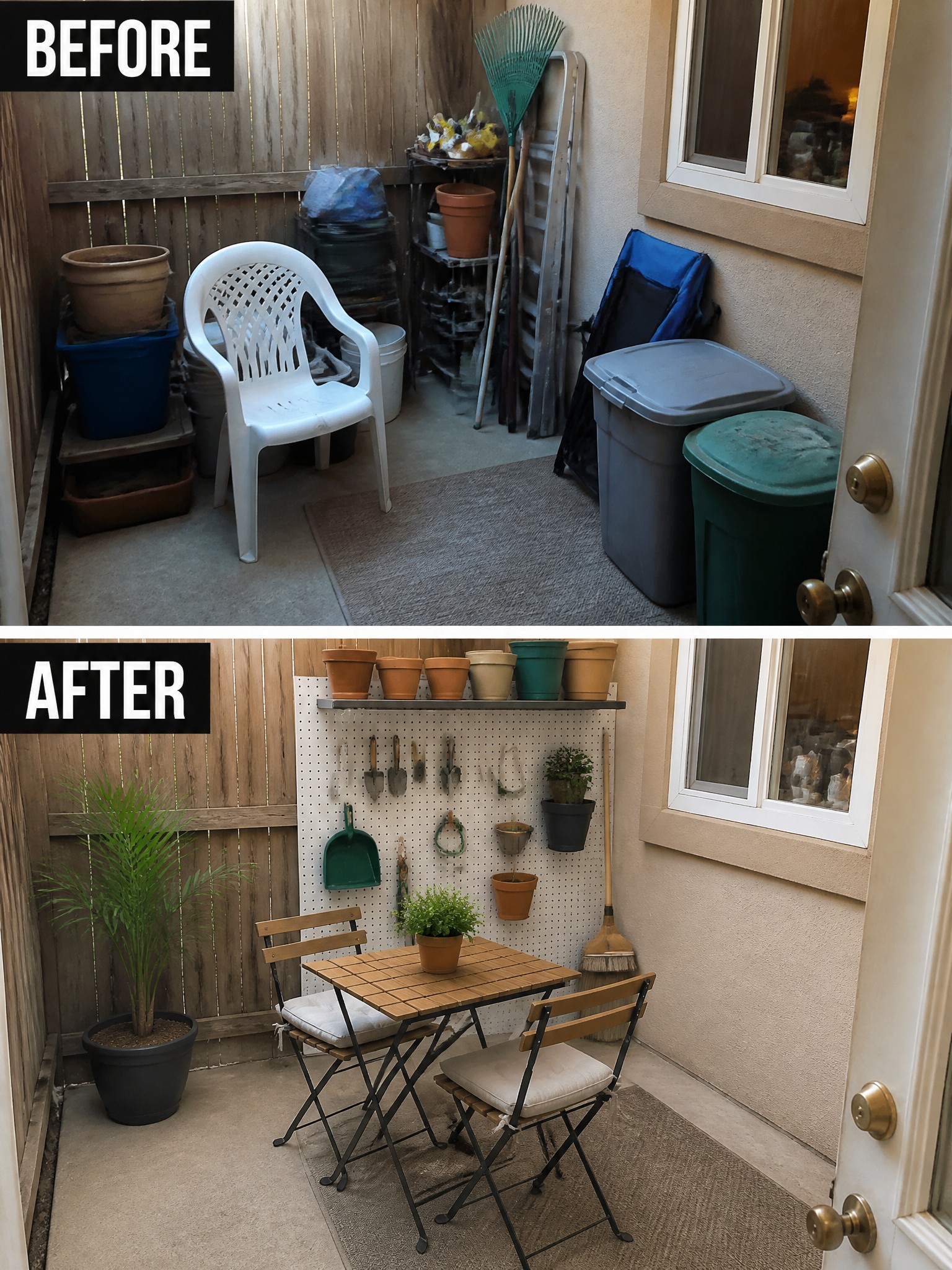 Before and after of cluttered patio transformed with pegboard, table, chairs and plants