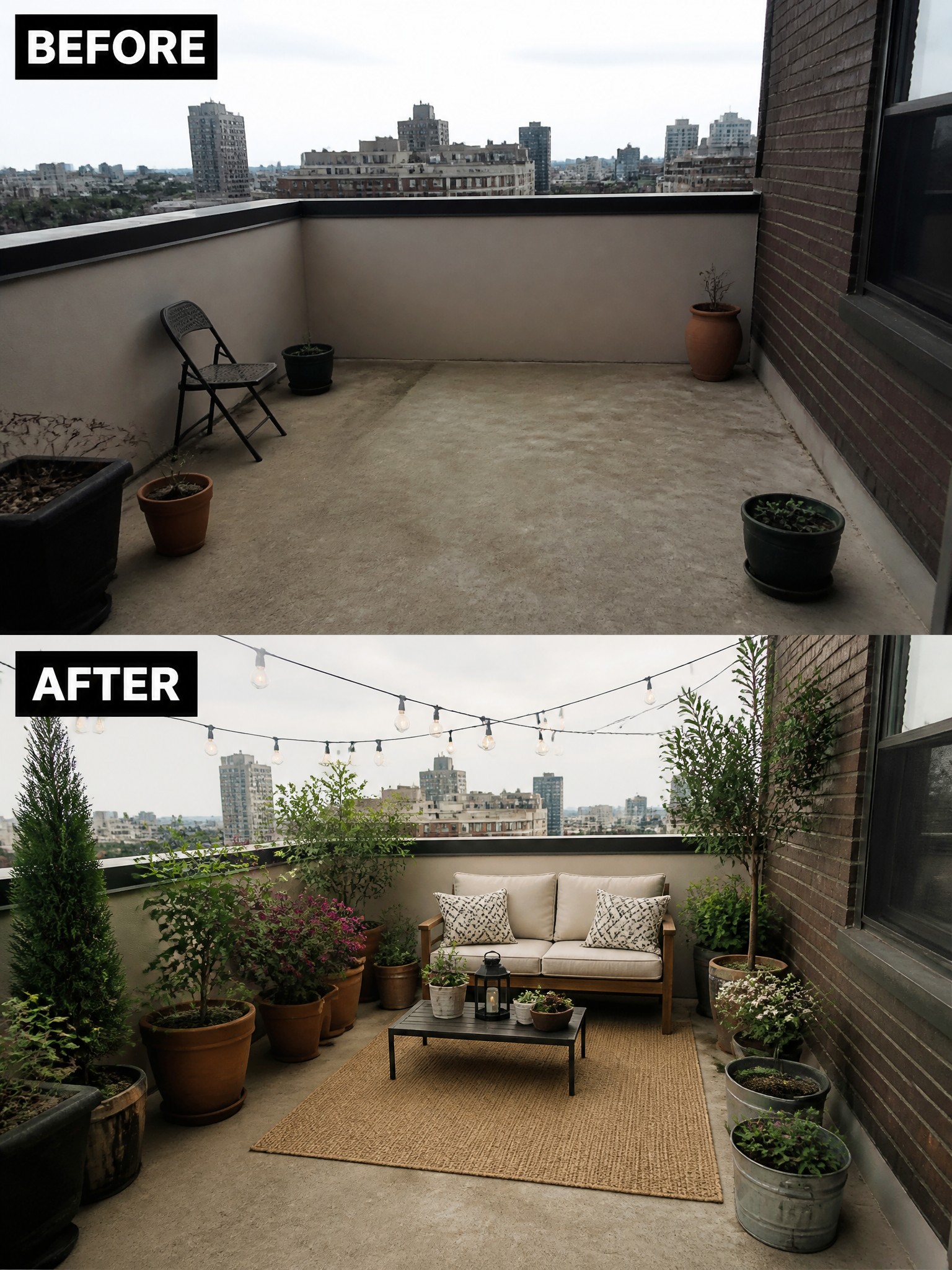 Before-and-after rooftop balcony with added sofa, rug, plants, and string lights