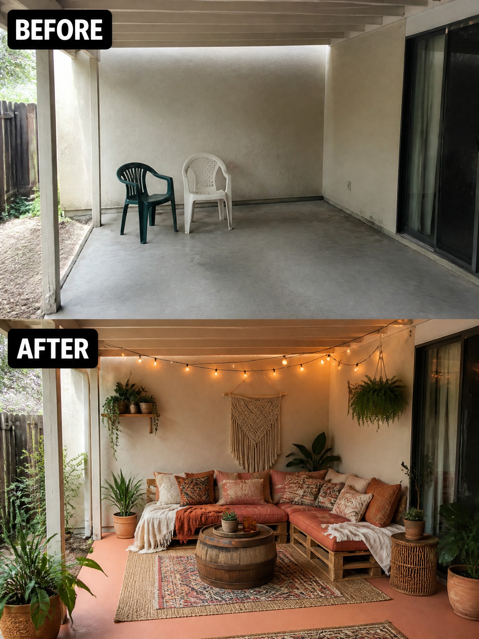 Before-and-after image of a plain concrete patio changed into a furnished outdoor seating area with pallet sofas, string lights, and rugs.