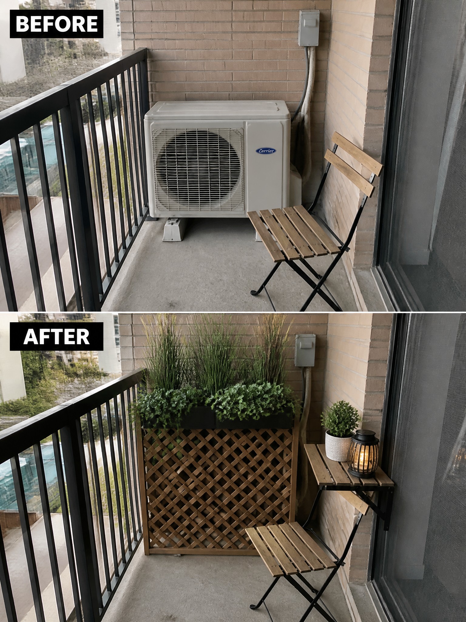 Balcony before and after: AC unit replaced by lattice, plants, and decor.