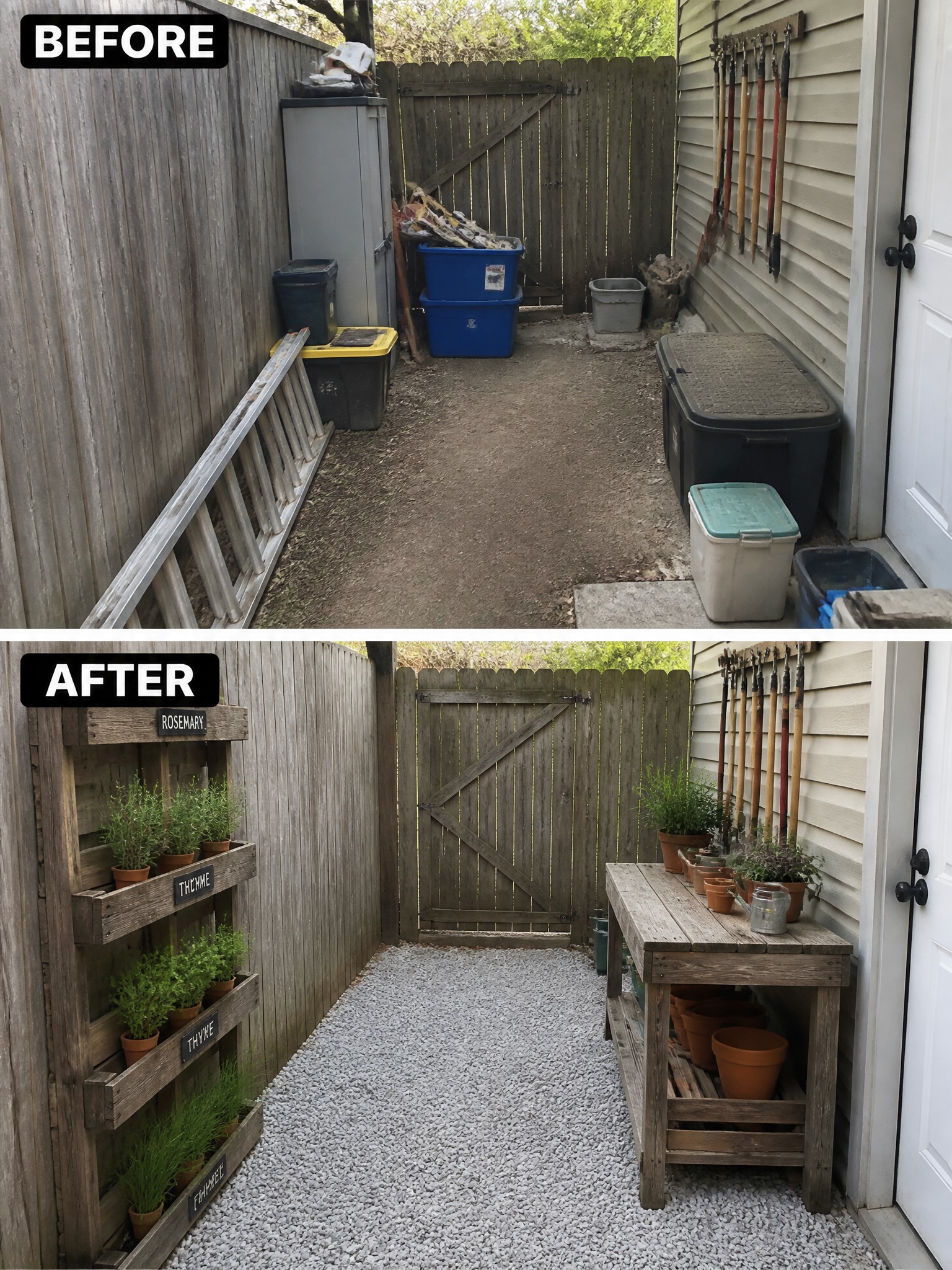 Before-and-after image of a cluttered side yard changed into a clean gravel path with a vertical pallet herb garden and a wooden potting table.
