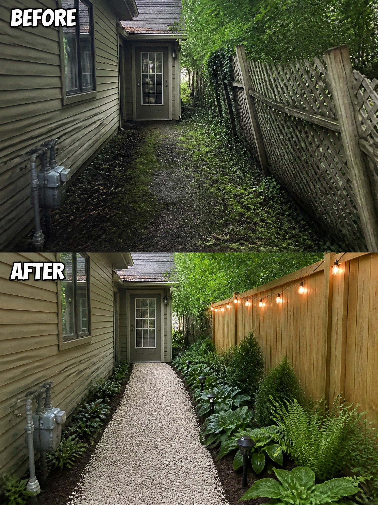 Before and after of overgrown muddy path transformed into lit gravel walkway with plants.