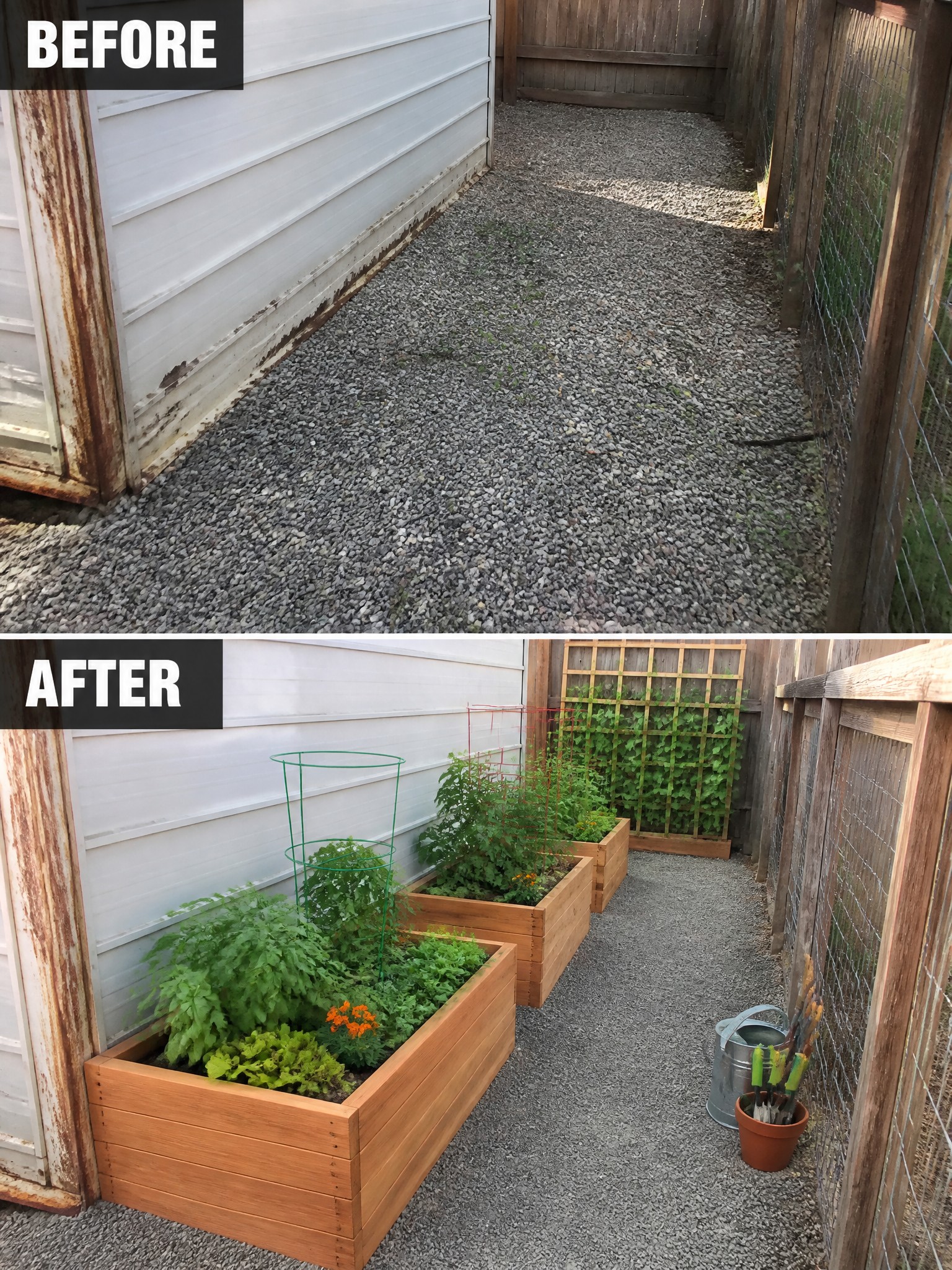 Before-and-after image of a bare gravel side yard changed by adding raised wooden garden beds with plants and trellises.