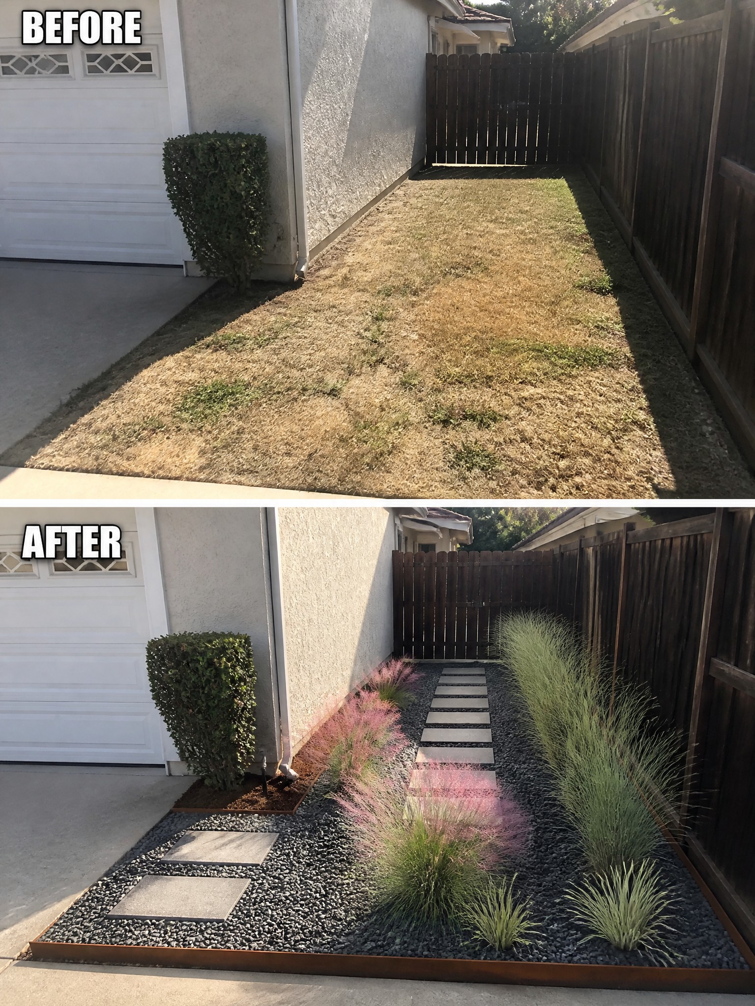 Before-and-after image of a dry grassy side yard changed into a gravel area with concrete pavers, metal edging, and ornamental grasses.