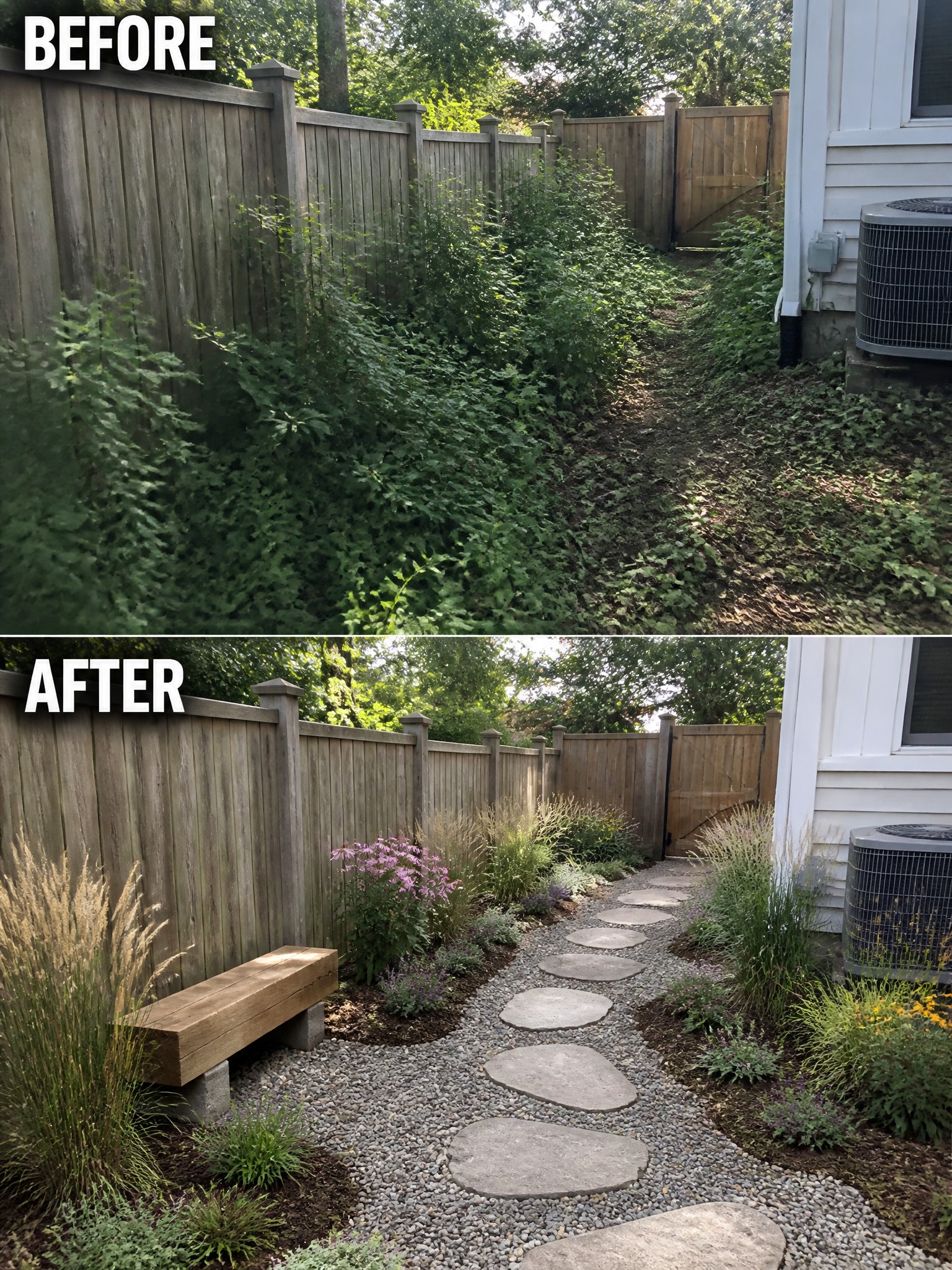 Before-and-after backyard makeover: overgrown weeds replaced by stone path, bench, and garden plants