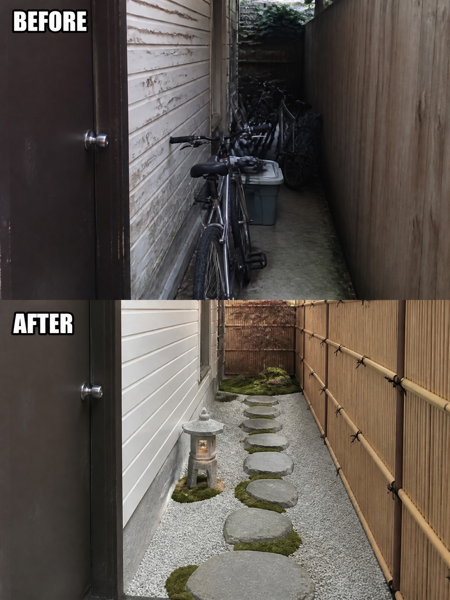 Before-and-after image of a cluttered side yard with bicycles and bare walls transformed into a gravel path lined with stepping stones, moss, a lantern, and bamboo fencing.