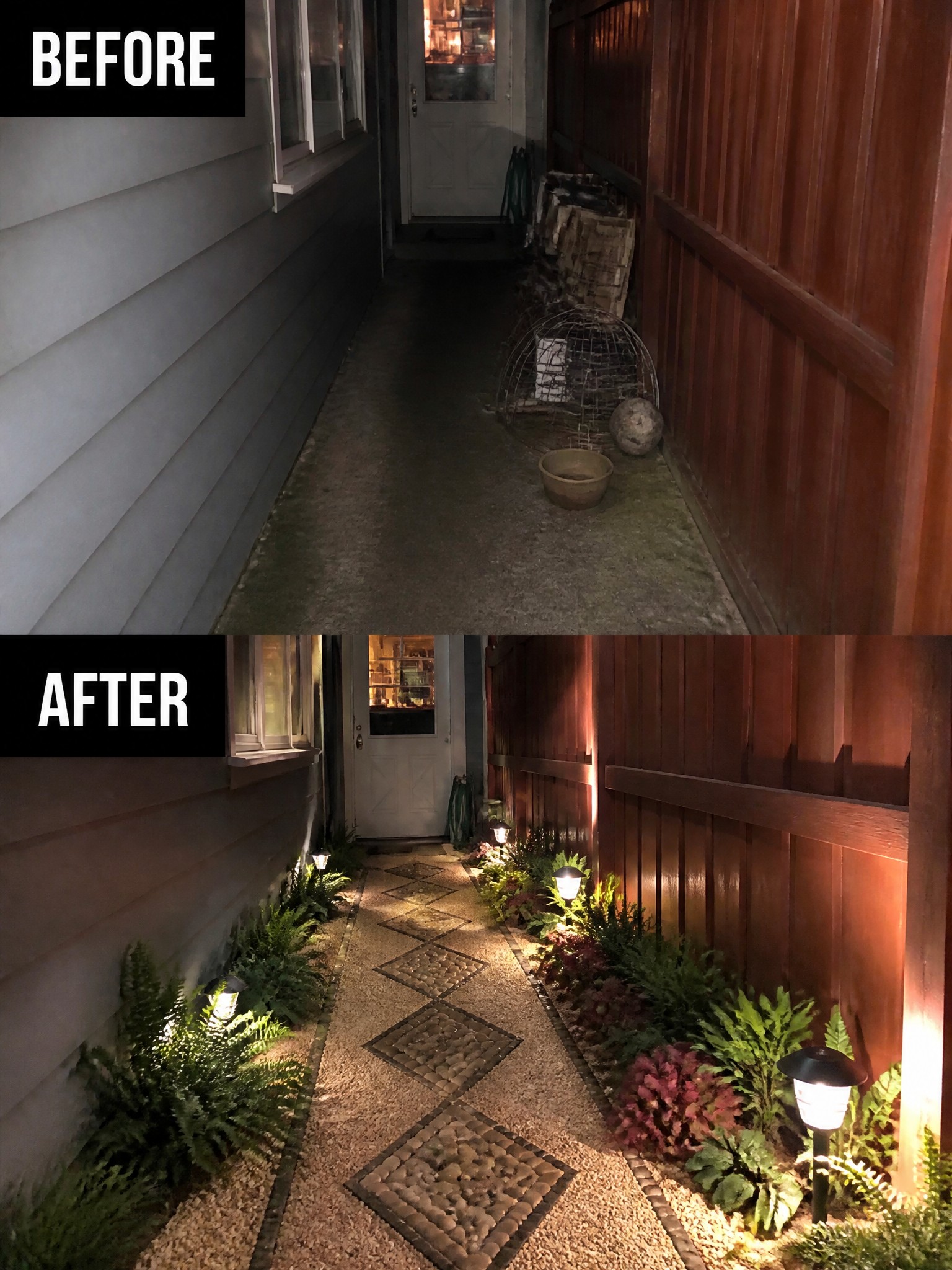 Before and after of cluttered side path transformed into lit garden walkway with plants.